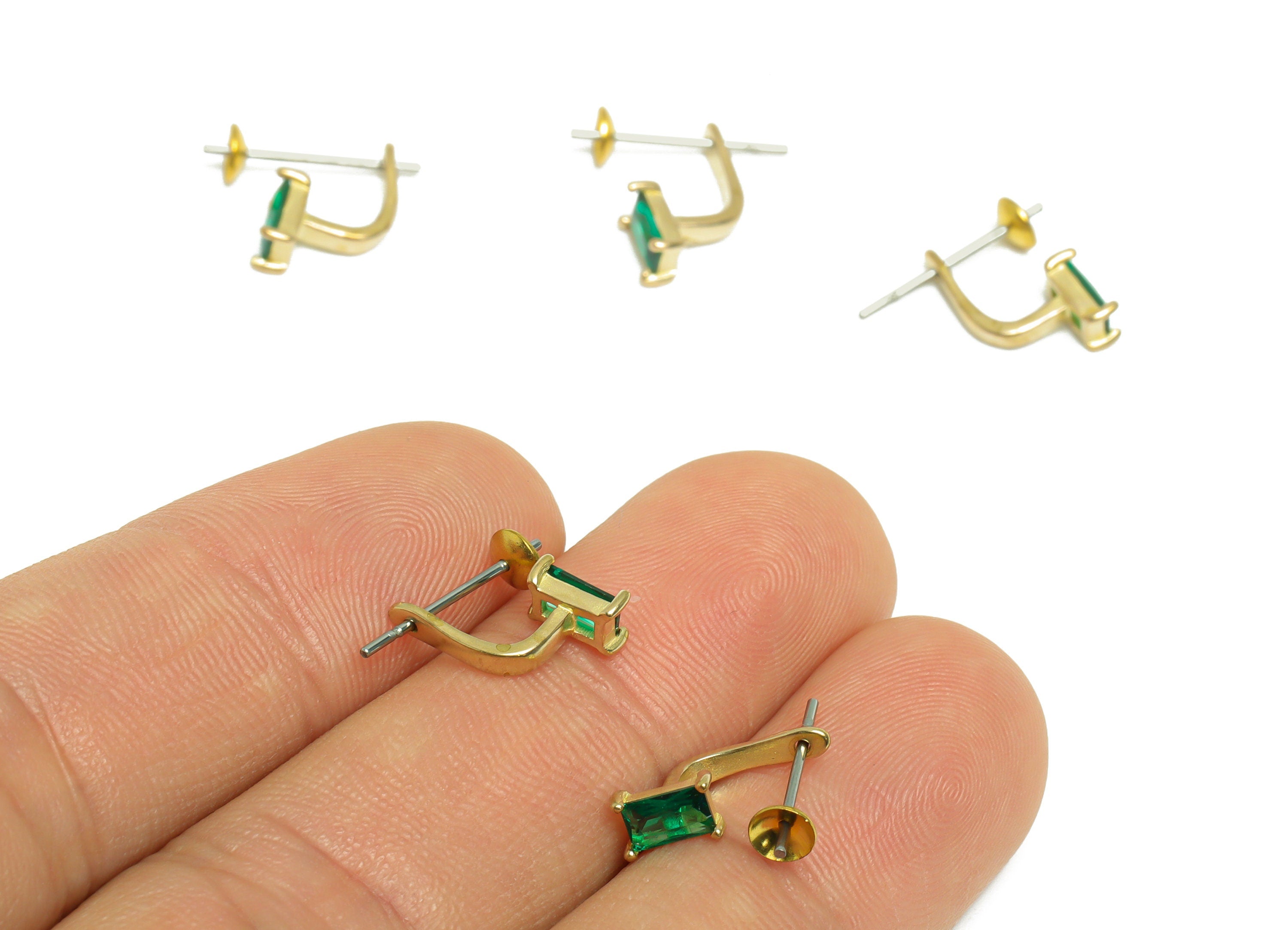 Brass CZ Earring Stud - Raw Brass Cubic Zircon Green Rectangle Earring - Brass Pearl Setting For Earring Post - Ear Jacket - 11x8x3mm-PP9705 - DOMEDBAZAAR