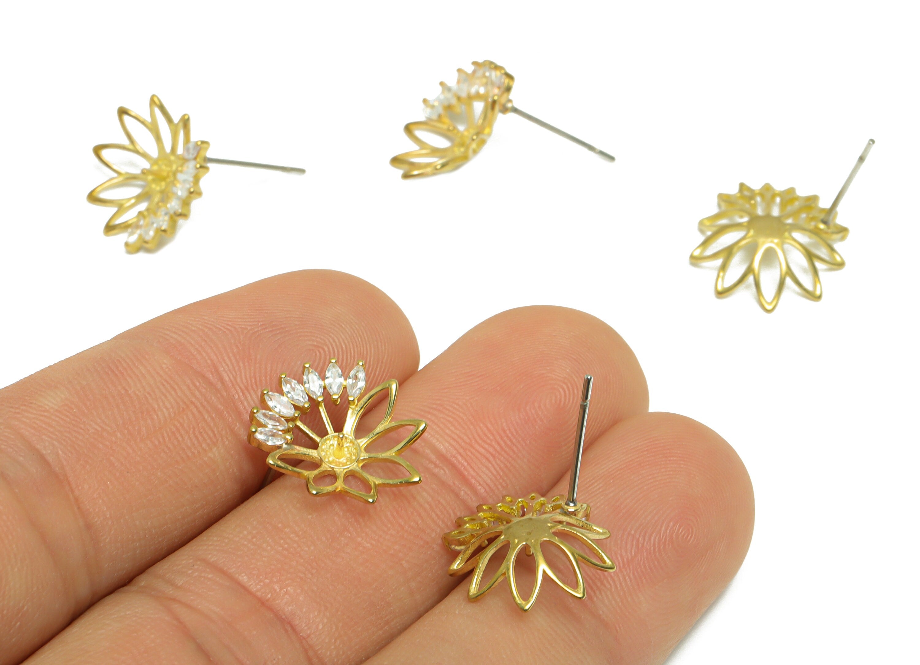 Brass CZ Flower Earring Stud - Raw Brass Cubic Zircon Marquise Lotus Earring - Brass Pearl Setting For Earring Post - 13.7x13.2x3mm - PP9746 - DOMEDBAZAAR