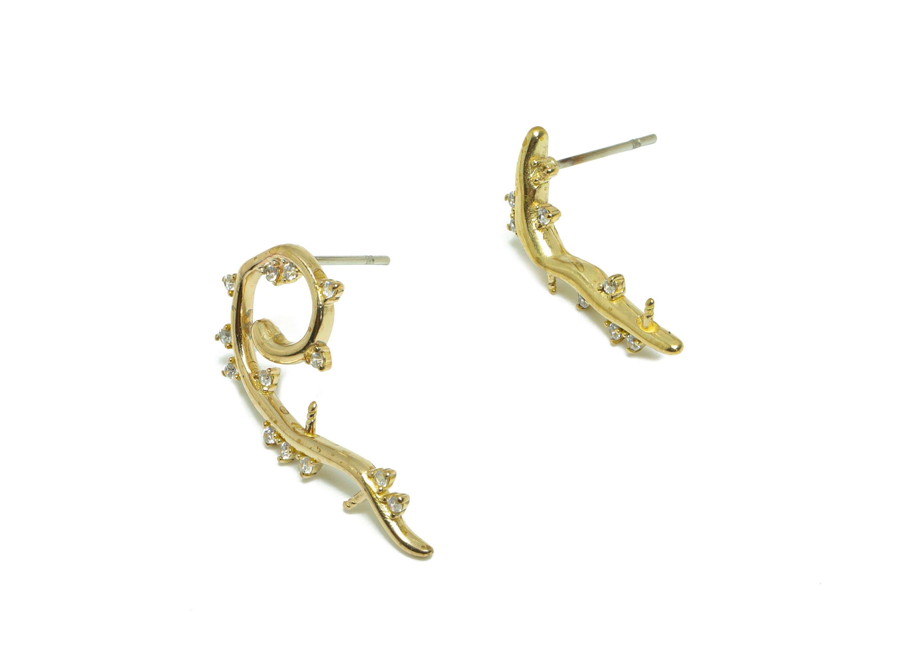 Brass CZ Curly Stick Earring Stud - Raw Brass Cubic Zircon Irregular Earring Post - Brass Pearl Setting For Earring Post - 26x12x2mm -PP9734 - DOMEDBAZAAR