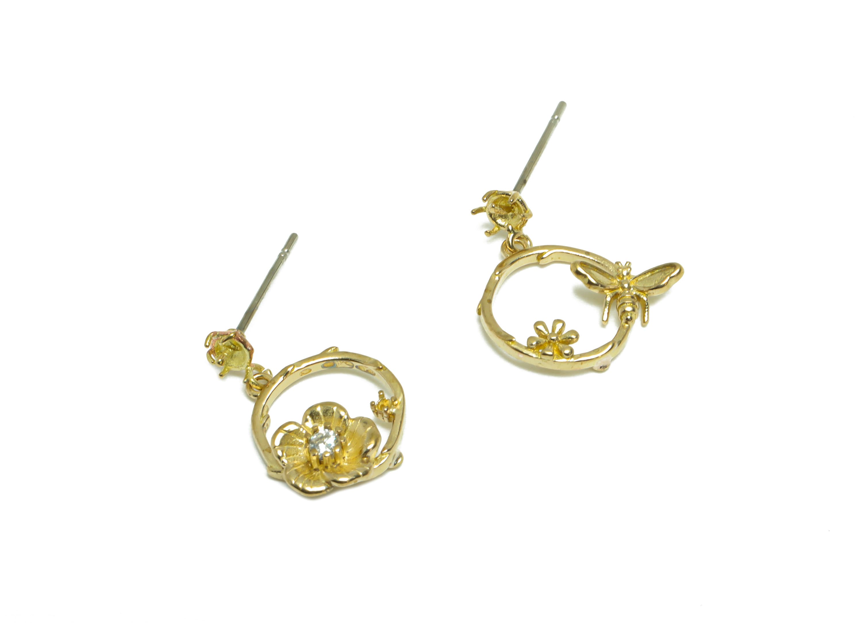 Brass CZ Flower Dangle Earring Stud - Raw Brass Cubic Zircon Bee Earring Post - Brass Diamond Setting For Earring Post -16.4x11x4mm -PP9732 - DOMEDBAZAAR