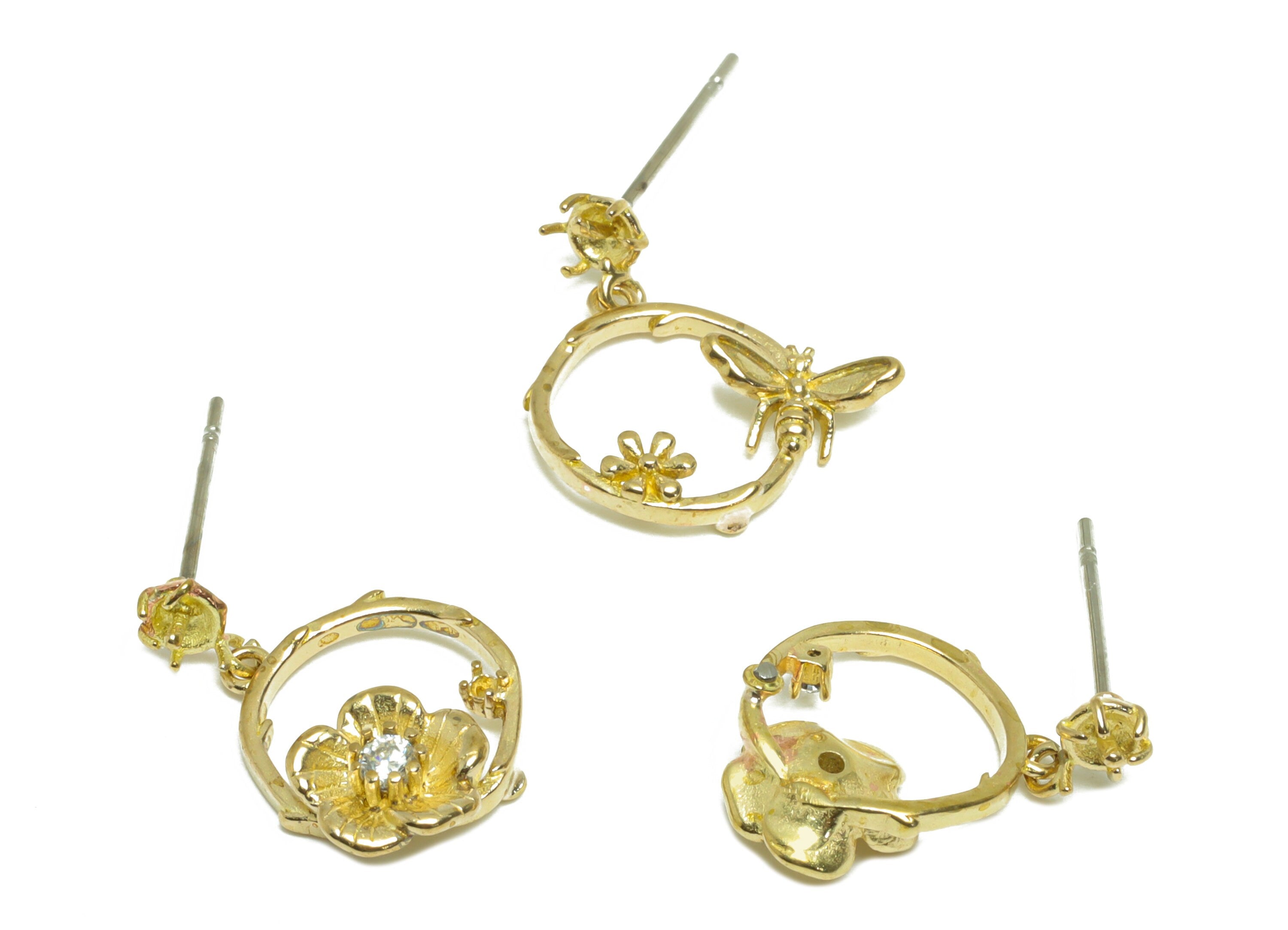 Brass CZ Flower Dangle Earring Stud - Raw Brass Cubic Zircon Bee Earring Post - Brass Diamond Setting For Earring Post -16.4x11x4mm -PP9732 - DOMEDBAZAAR