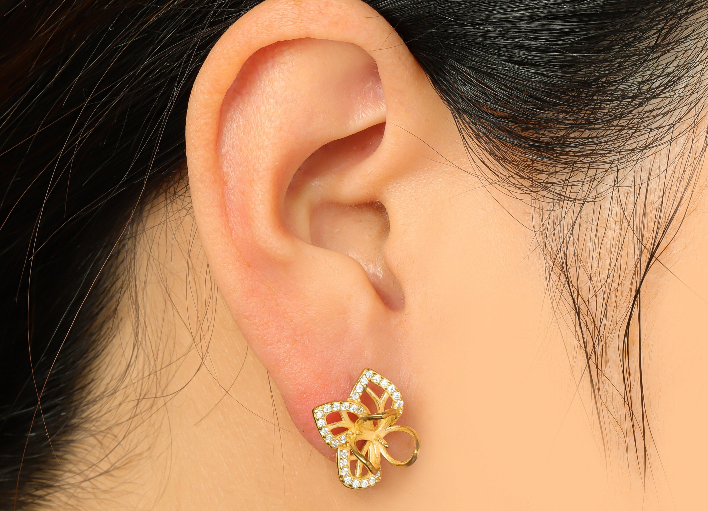 Brass CZ Flower Earring Stud - Raw Brass Cubic Zircon Botanical Earring Post - Brass Pearl Setting For Earring Post - 15.7x16x7.5mm -PP9747 - DOMEDBAZAAR
