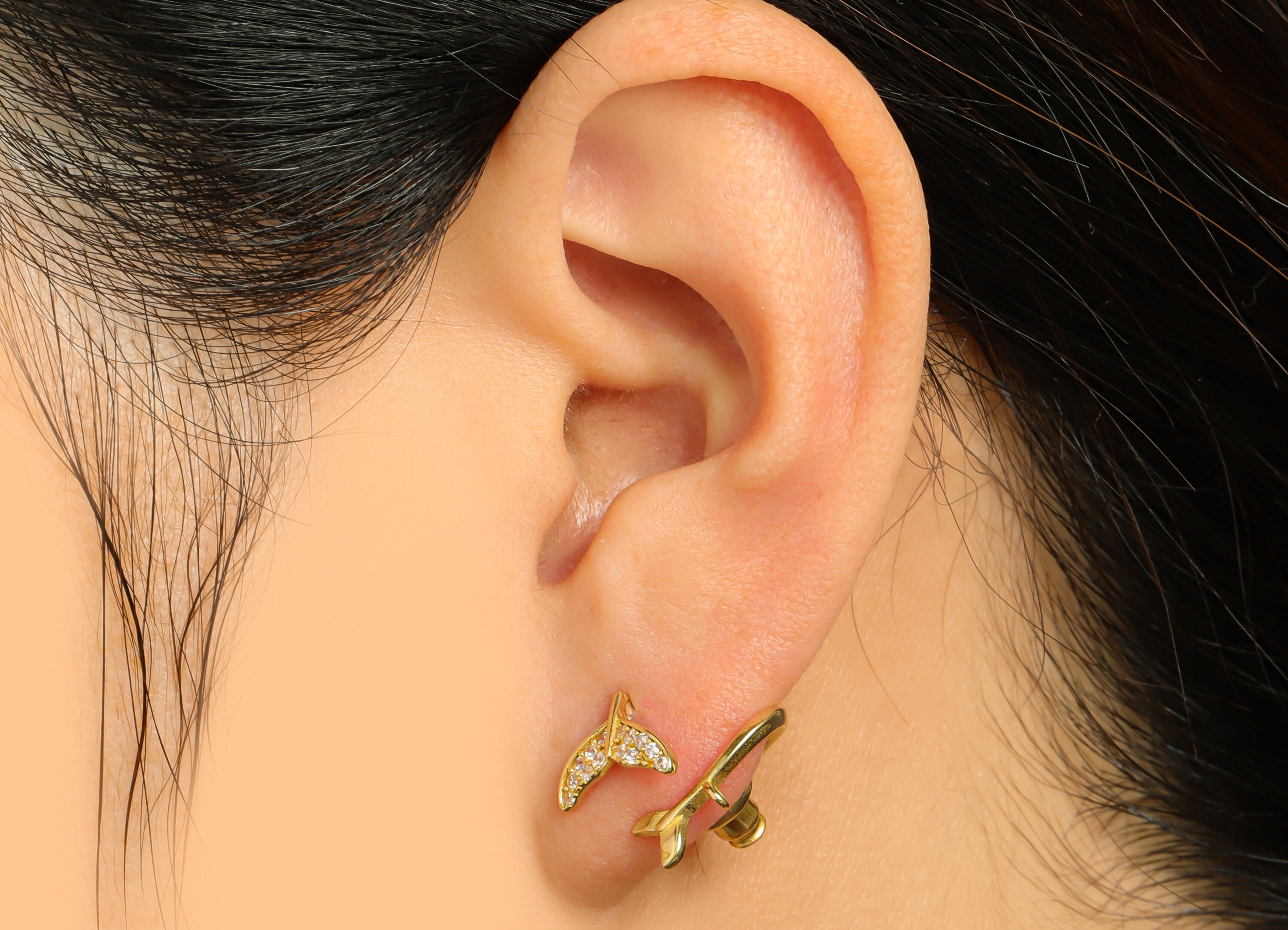 Brass CZ Fish Tail Earring Stud - Raw Brass Cubic Zircon Whale Tail Earring Post - Whale Tail Earring Post With Loop - 13x10x9mm - PP9744 - DOMEDBAZAAR
