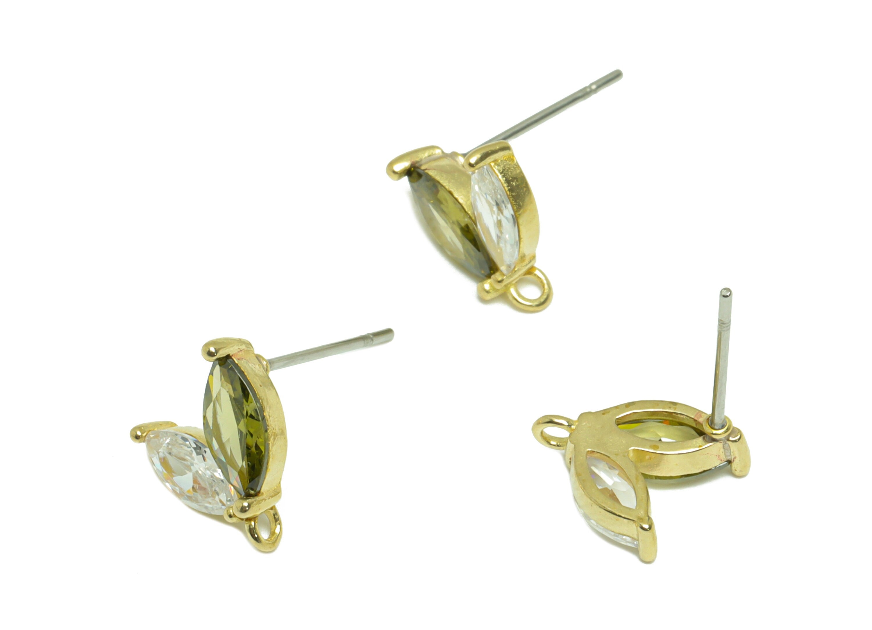 Brass CZ Marquise Earring Stud - Raw Brass Cubic Zircon Marquise Earring Post - Zircon Grey Earring Post With Loop - 9.94x8.6x3mm - PP9745 - DOMEDBAZAAR