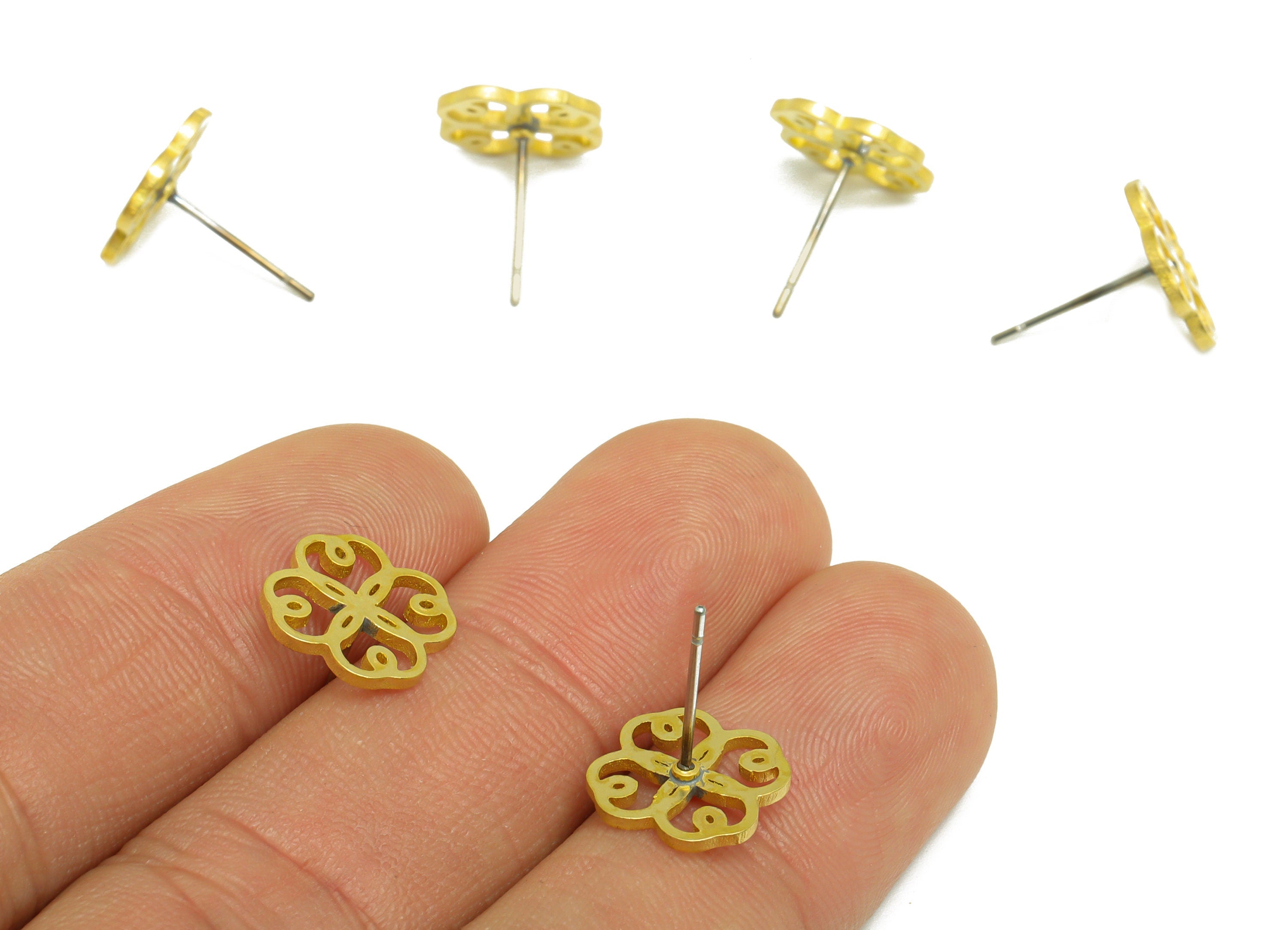 Brass Flower Earring Stud - Raw Brass Four Leaf Clover Earring Post - Brass Window Grilles Earring Post - 13.7x11x1.56mm - PP9793 - DOMEDBAZAAR