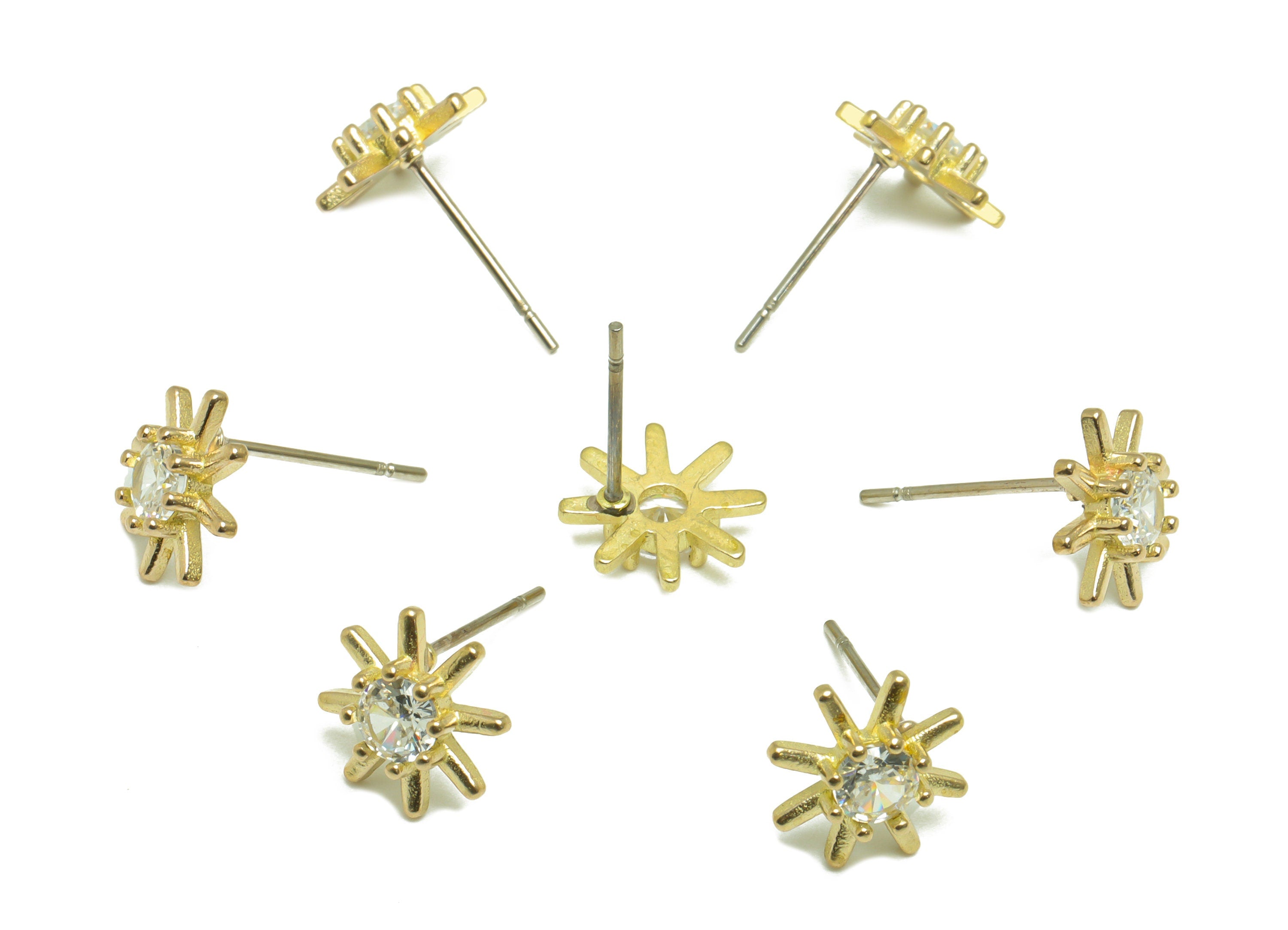 Brass CZ Sun Earring Stud - Raw Brass Cubic Zircon Sunshine Earring Post - Zircon Flower Earring Post - 14.3x9.7x3.1mm - PP9787 - DOMEDBAZAAR