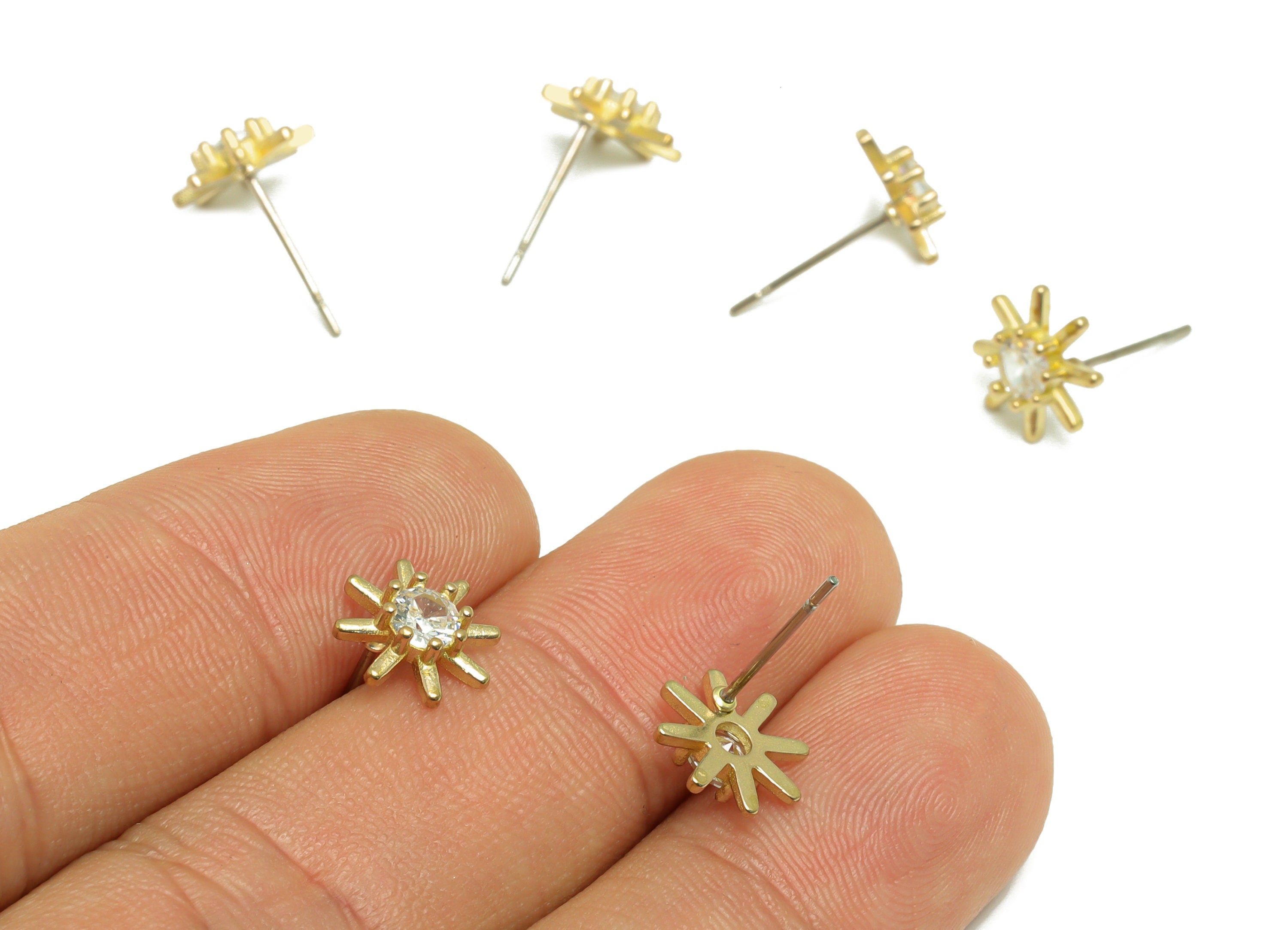 Brass CZ Sun Earring Stud - Raw Brass Cubic Zircon Sunshine Earring Post - Zircon Flower Earring Post - 14.3x9.7x3.1mm - PP9787 - DOMEDBAZAAR