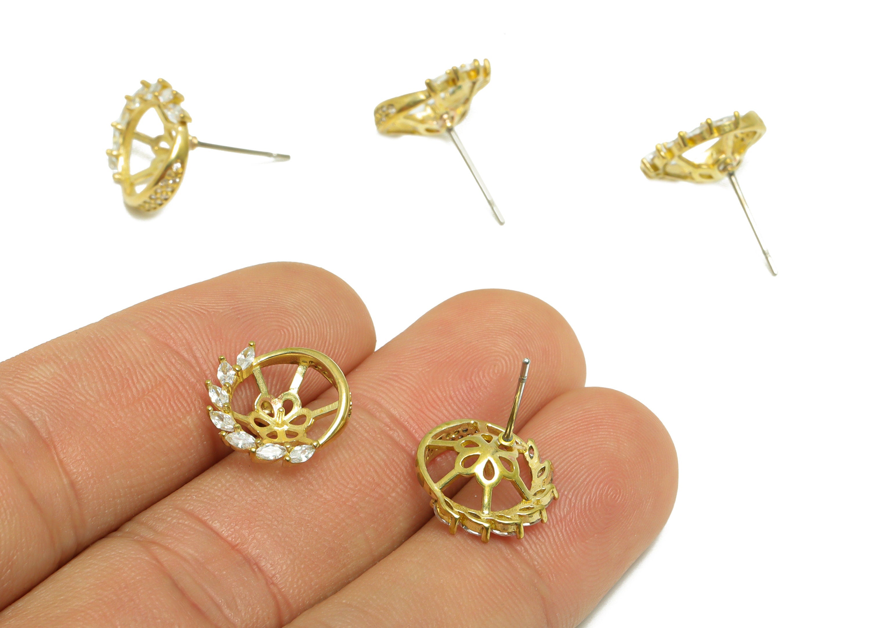 Brass CZ Round Flower Earring Stud - Raw Brass Cubic Zircon Marquise Earring - Brass Pearl Setting For Earring - 13.9x13x4mm - PP9733 - DOMEDBAZAAR