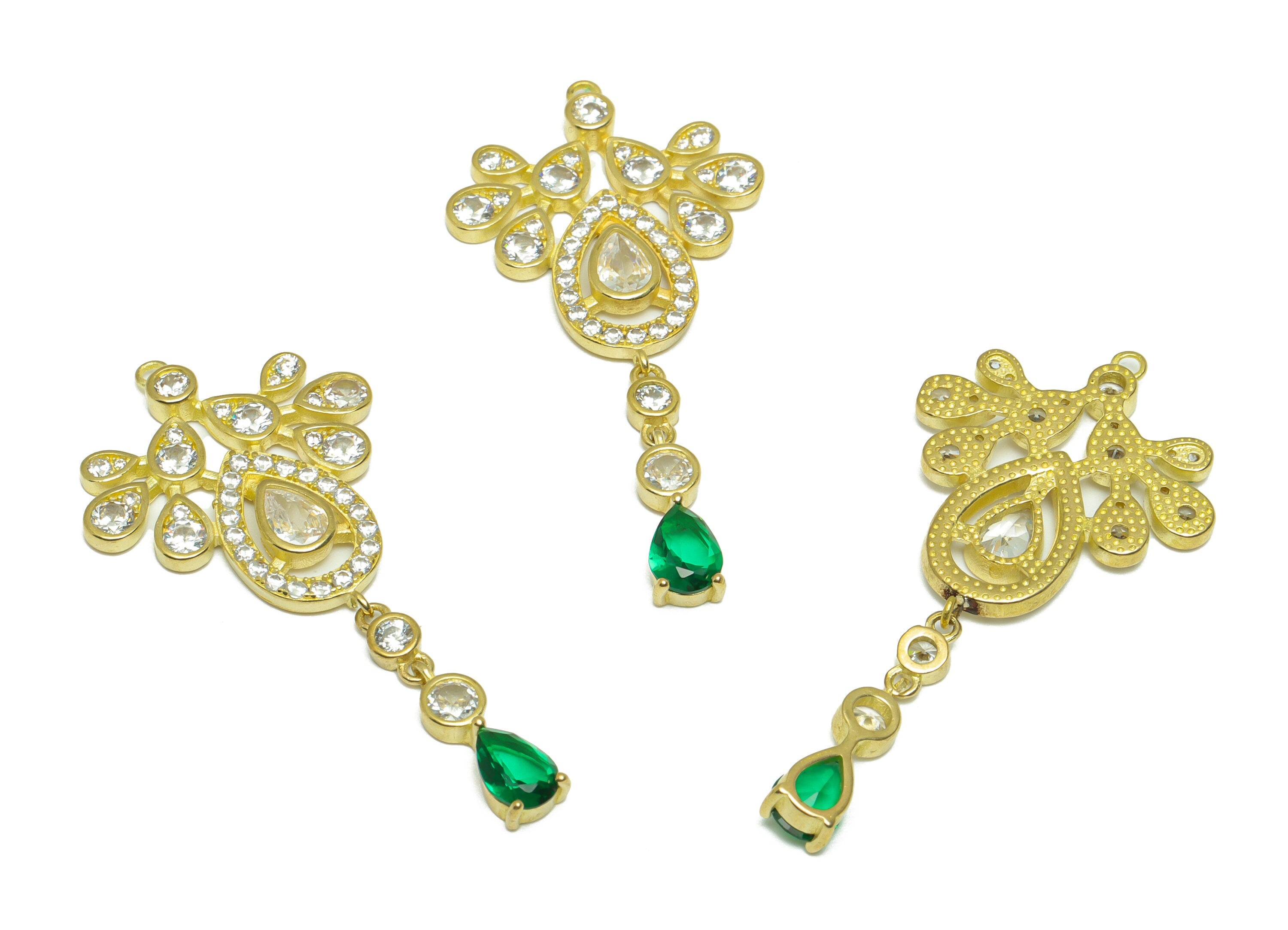 Brass CZ Teardrop Earring Charm - Brass Drop Vintage Antique Earring Pendant - Raw Brass Green Zircon Earring Charm - 46x23x2.72mm - PP9777 - DOMEDBAZAAR