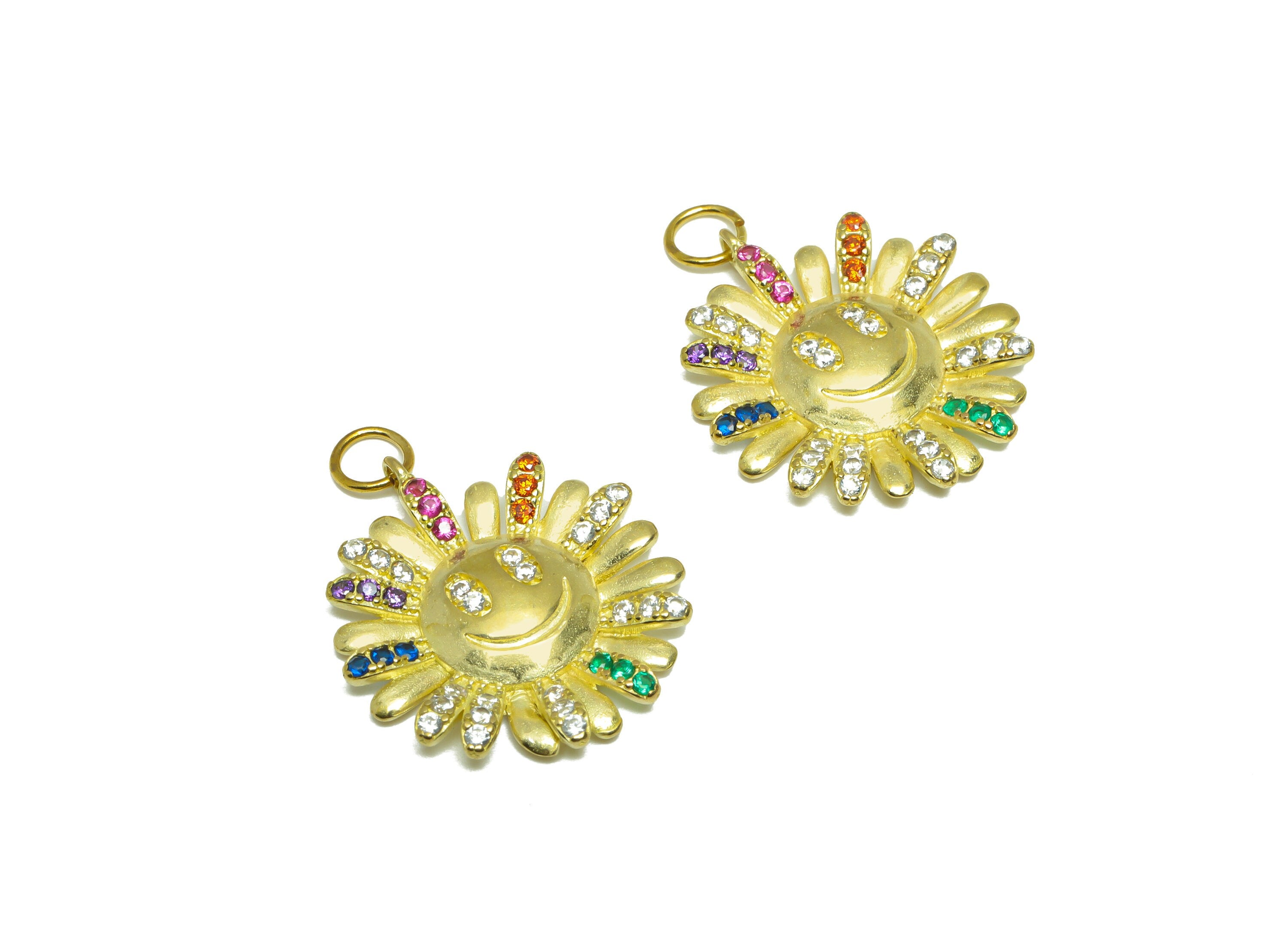 Brass Sunflower Earring Pendant - Raw Brass Zircon Earring Happy Face Earring Pendant - Brass Rainbow CZ Earring Charm - 25x20x2mm - PP9709 - DOMEDBAZAAR