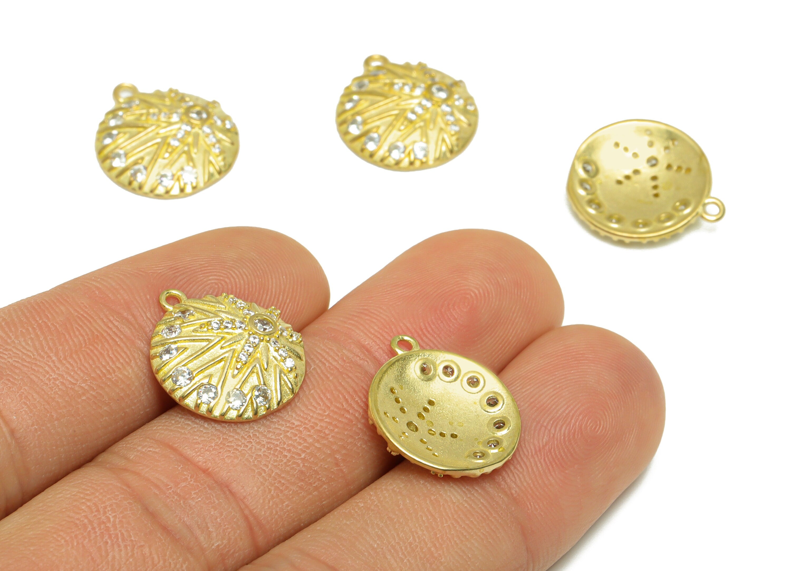 Brass CZ Round Earring Pendant - Brass Textured Sun Earring Pendant - Raw Brass Sunshine Cubic Zircon Earring Charm - 17.05x15x3mm - PP9768 - DOMEDBAZAAR