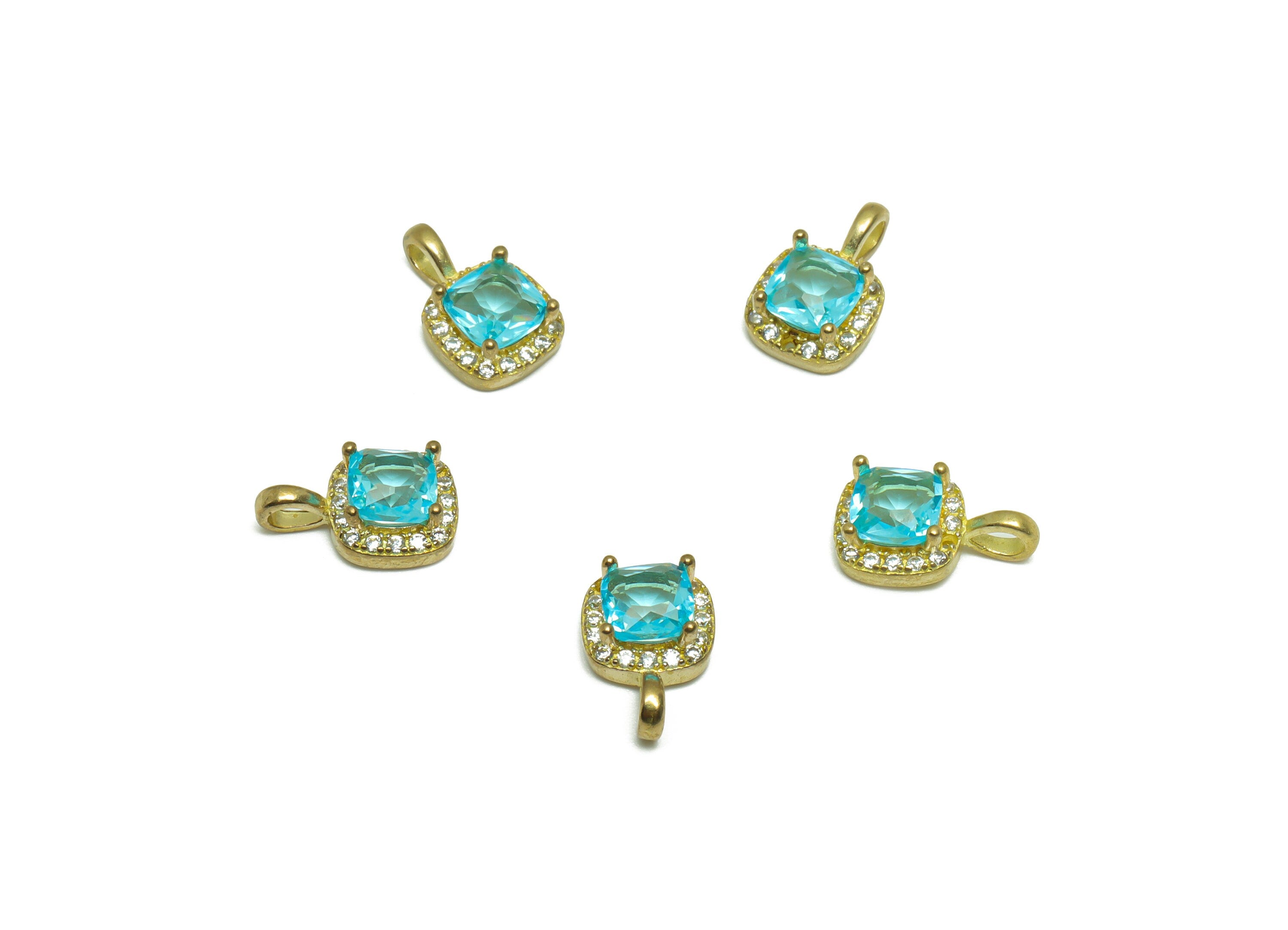 Brass CZ Square Earring Charm - Raw Brass Blue Earring Pendant - Brass Cubic Zircon Earring Charm - Bracelet Bead - 11x7.3x4.13mm - PP9761 - DOMEDBAZAAR