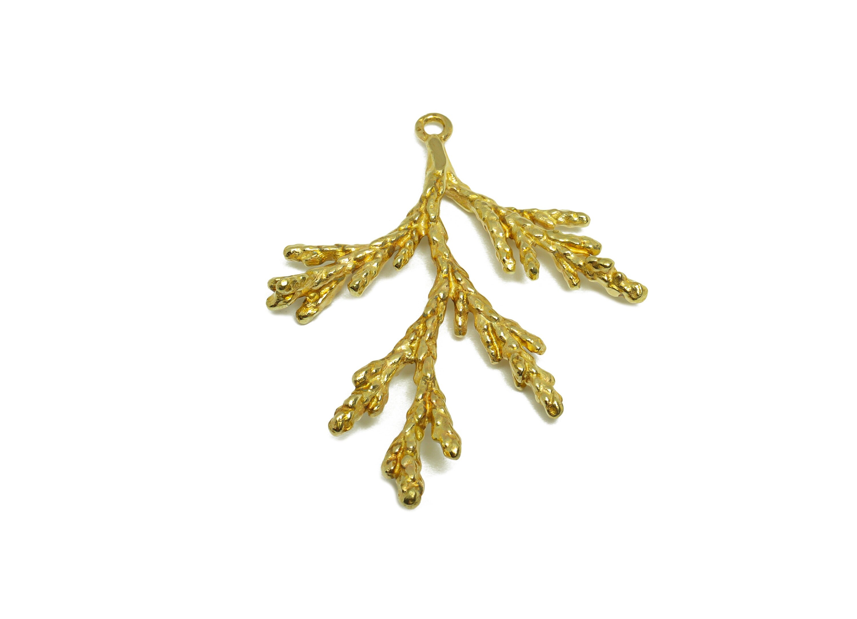 Brass Pine Earring Charm - Brass Pine Branch Earring Pendant - Raw Brass Botanical Earring Charm - 35.5x29x2.55mm - PP9750 - DOMEDBAZAAR