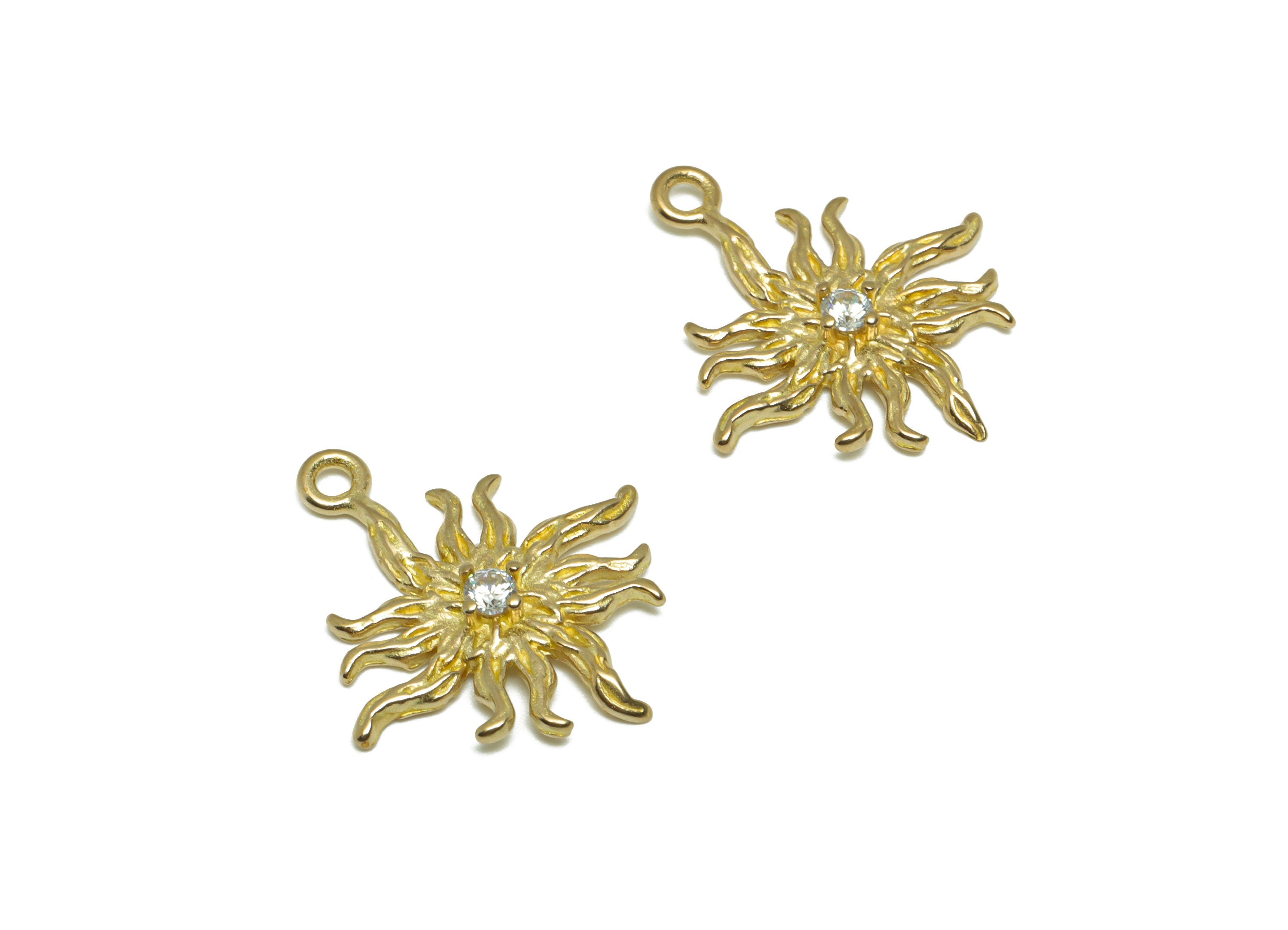 Brass CZ Sun Earring Charm - Brass Textured Sun Earring Pendant - Raw Brass Sunshine Cubic Zircon Earring Charm - 22x17x2.7mm - PP9775 - DOMEDBAZAAR
