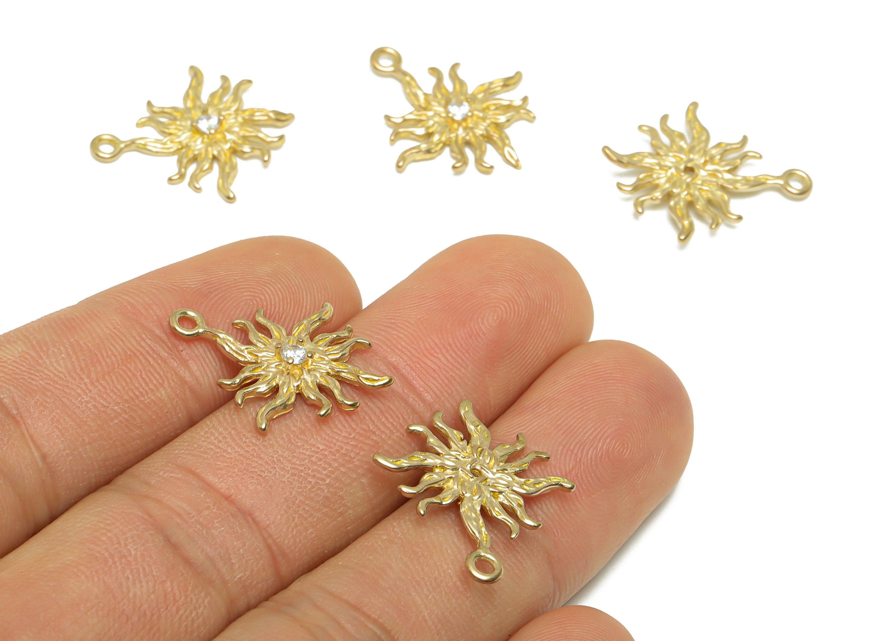 Brass CZ Sun Earring Charm - Brass Textured Sun Earring Pendant - Raw Brass Sunshine Cubic Zircon Earring Charm - 22x17x2.7mm - PP9775 - DOMEDBAZAAR