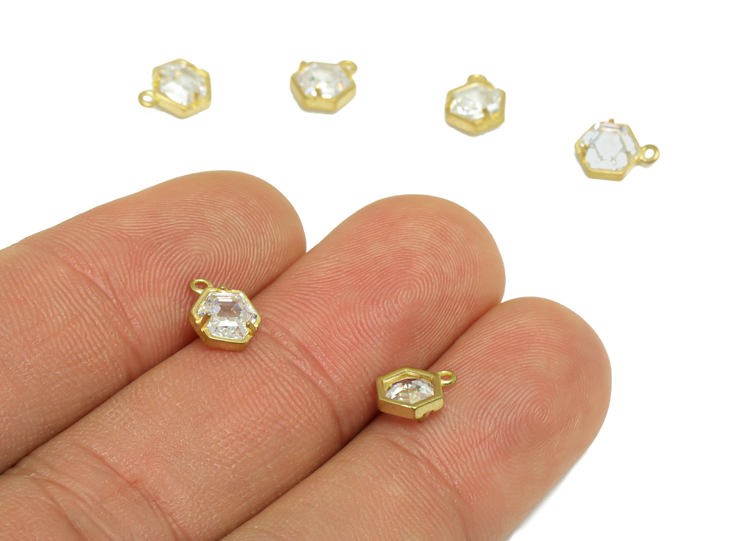 Brass CZ Hexagon Earring Charm - Raw Brass Geometry Earring Pendant - Brass Cubic Zircon Earring Charm - Bracelet Bead - 8.8x6x3mm - PP9785 - DOMEDBAZAAR