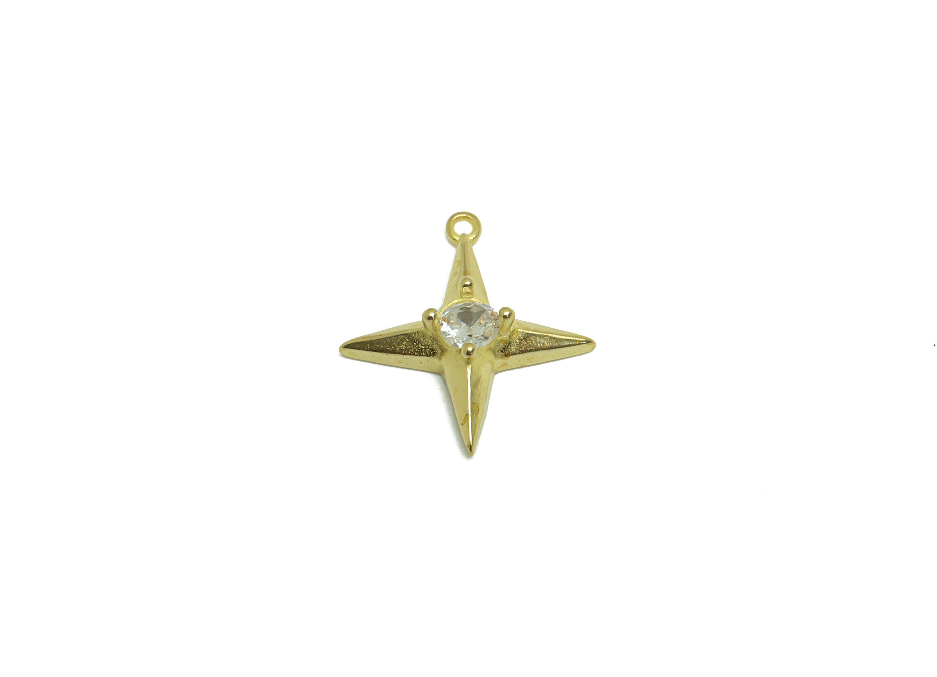 Brass CZ Star Earring Charm - Brass Cubic North Star Earring Pendant - Raw Brass Cubic Zircon Earring Charm - 16.4x14.4x4.5mm - PP9719 - DOMEDBAZAAR