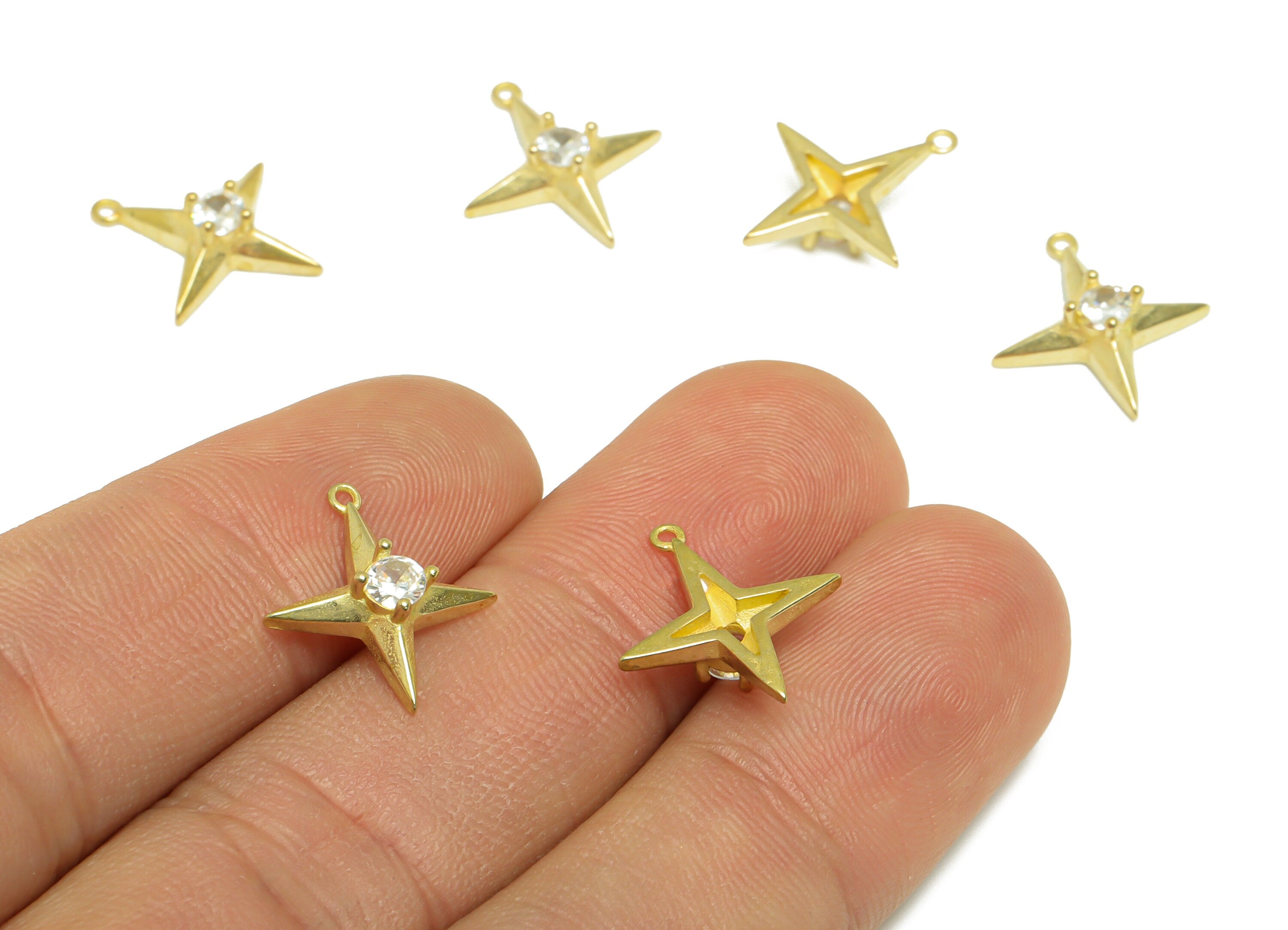 Brass CZ Star Earring Charm - Brass Cubic North Star Earring Pendant - Raw Brass Cubic Zircon Earring Charm - 16.4x14.4x4.5mm - PP9719 - DOMEDBAZAAR