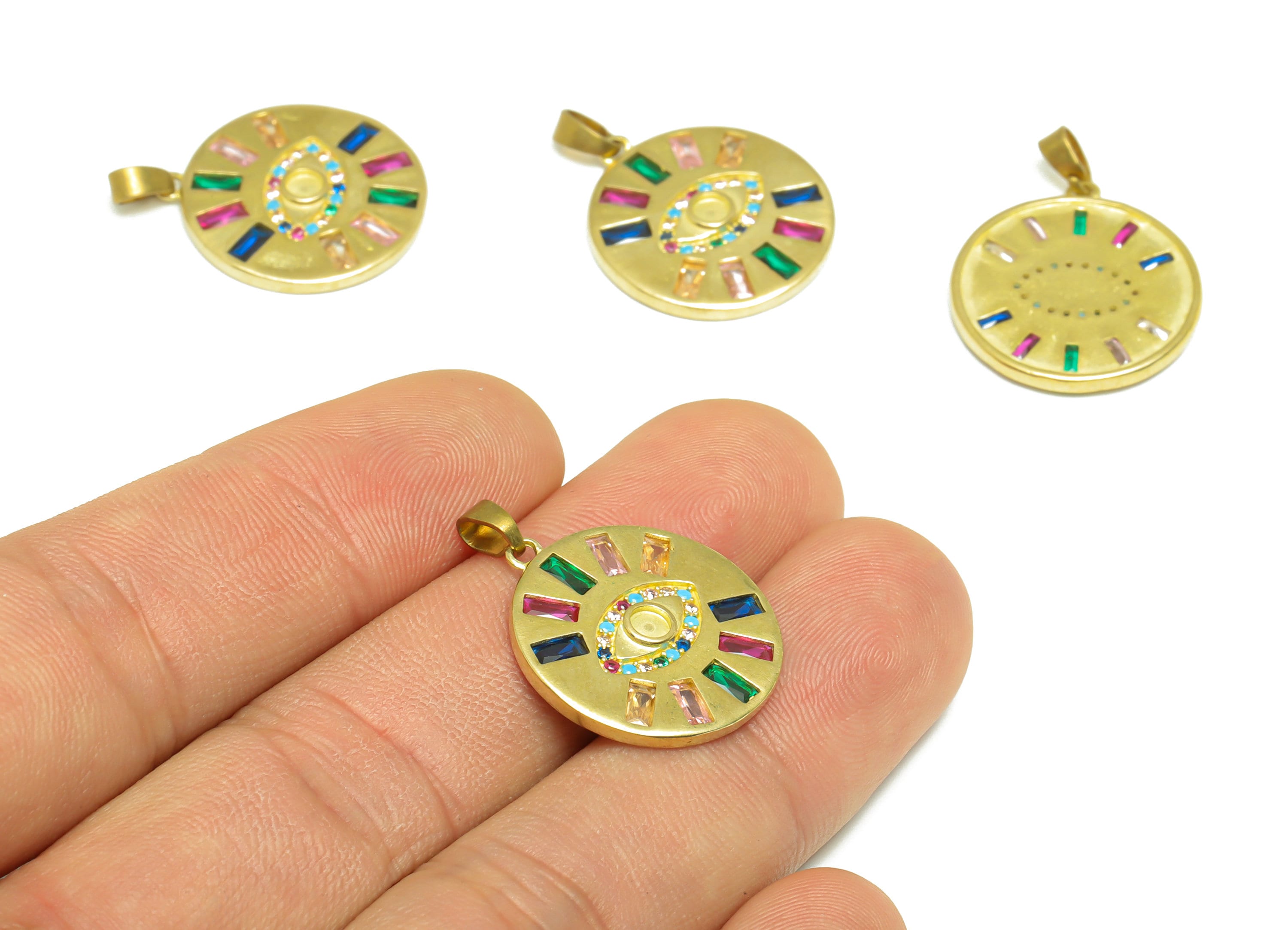 Brass Zircon Round Earring Pendant - Brass Eye Earring Pendant - Raw Brass CZ Rainbow Earring Charm - For Necklace - 25x19x2.53mm -PP9720 - DOMEDBAZAAR