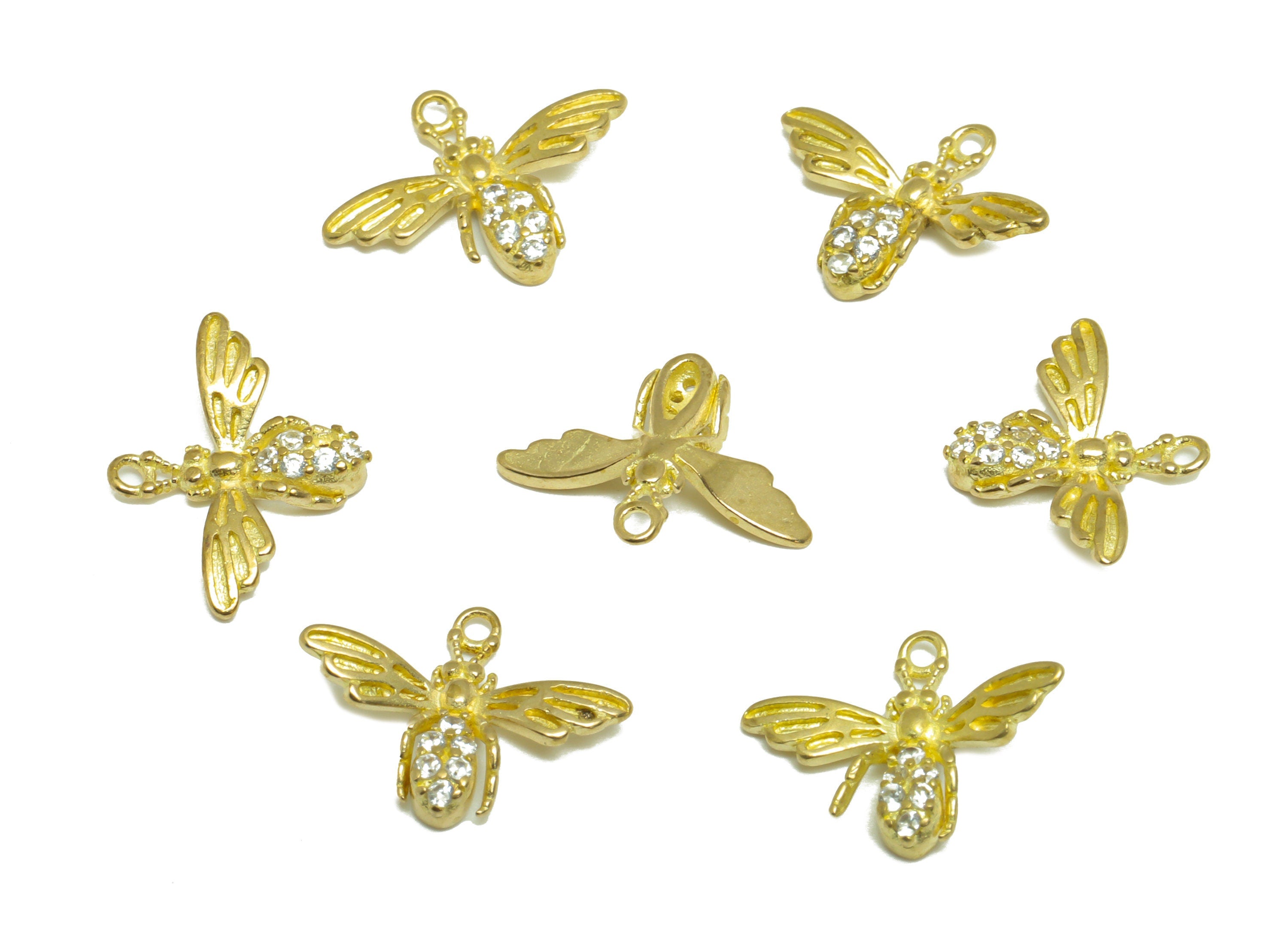 Brass Zircon Bee Earring Charm - Brass Inset Earring Pendant - Raw Brass CZ Bee Earring Charm - Mini Earring Charm - 14.7x11x2mm -PP9703 - DOMEDBAZAAR