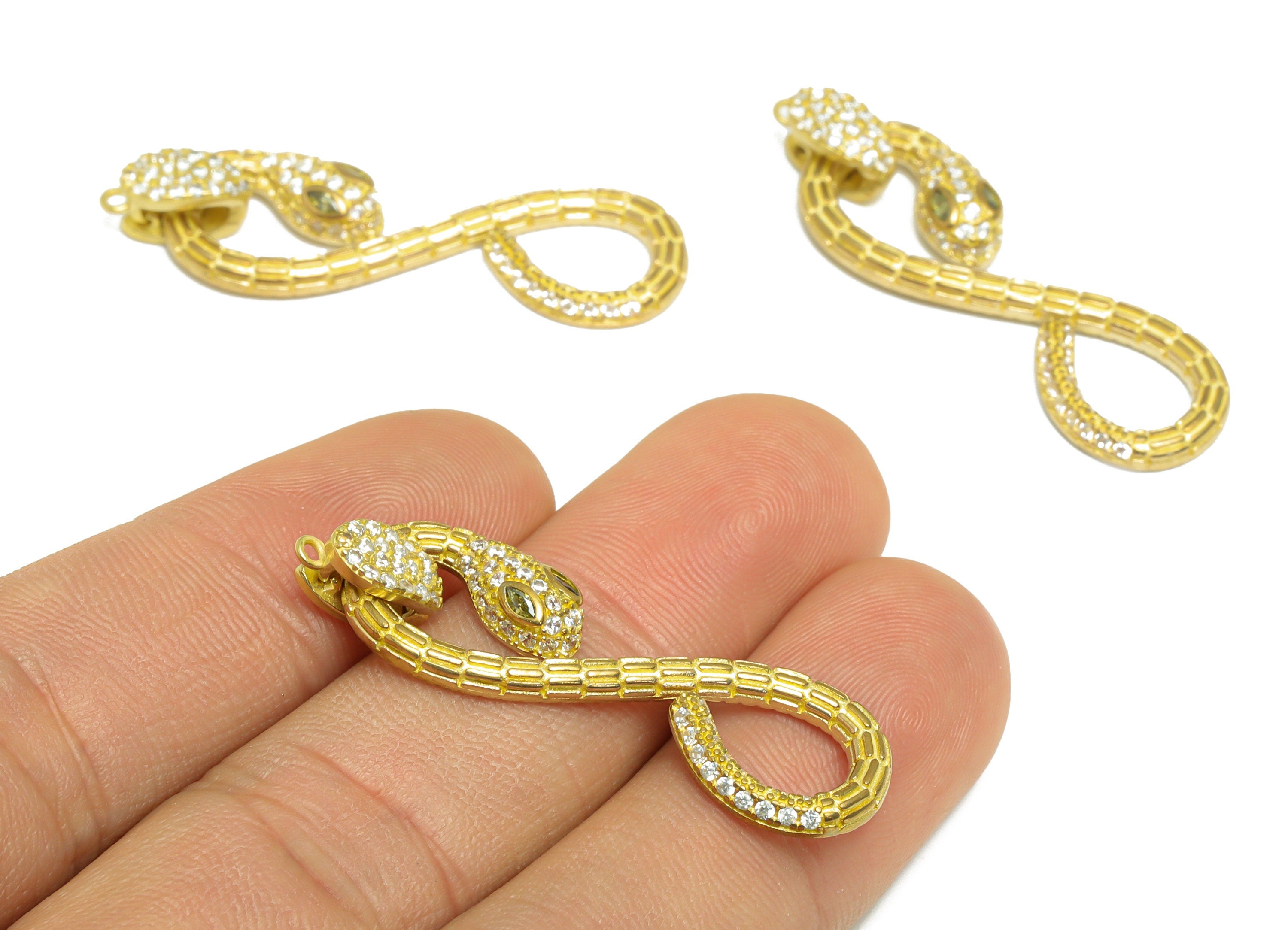 Brass Zircon Snake Earring Pendant - Brass Textured Snake Earring Charm - Raw Brass CZ Snake Pendant - For Necklace - 40x12.4x3.9mm - PP9781 - DOMEDBAZAAR