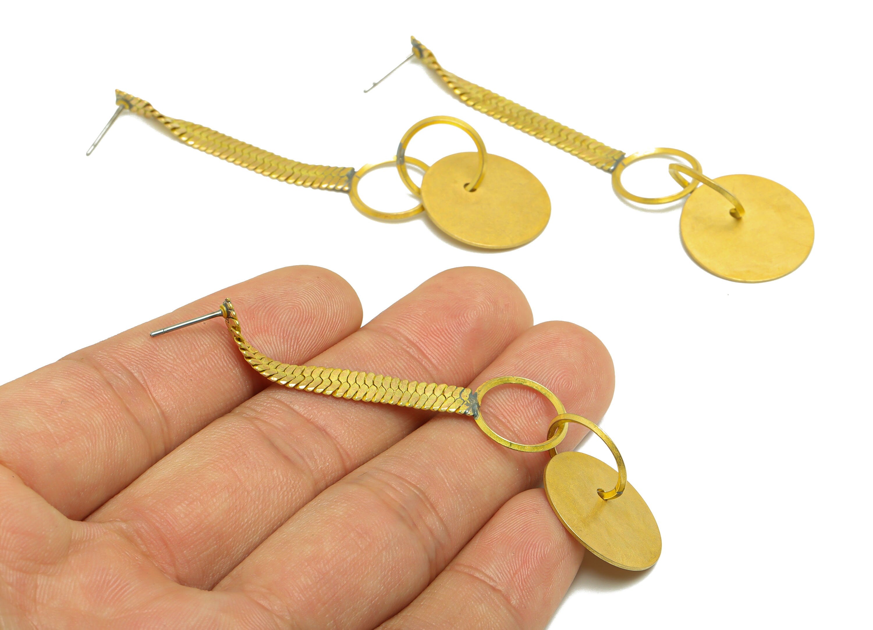 Brass Dangle Round Earring Stud - Raw Brass Textured Interlocking Earring Post - Brass Snake Chain Earring Post - 75.54x19.95x1.3mm - PP9972 - DOMEDBAZAAR