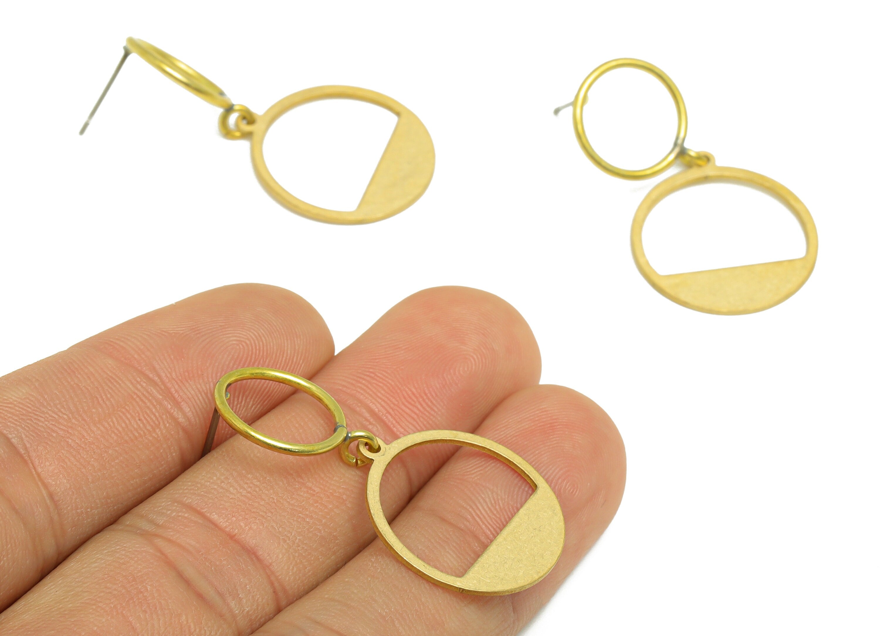 Brass Dangle Round Earring Stud - Raw Brass Round Earring Post - Brass Geometric Circle Earring Post - 37.58x19.93x1.2mm - PP9949 - DOMEDBAZAAR