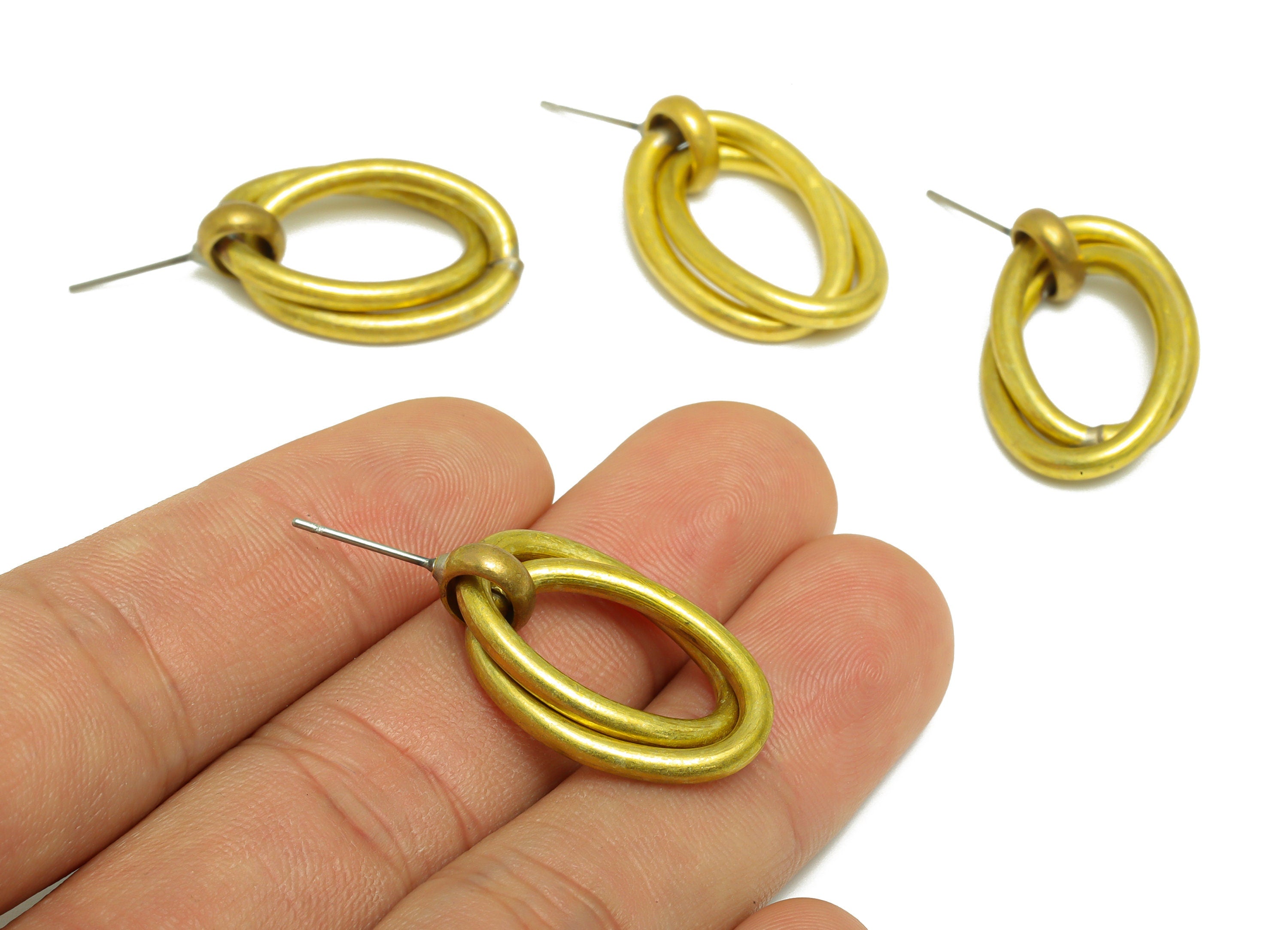 Brass Dangle Earring Stud - Raw Brass Interlock Oval Earring Post - Brass Oval Wire Earring Post - Geometric Earring Post - 27x16x2mm-PP9955 - DOMEDBAZAAR