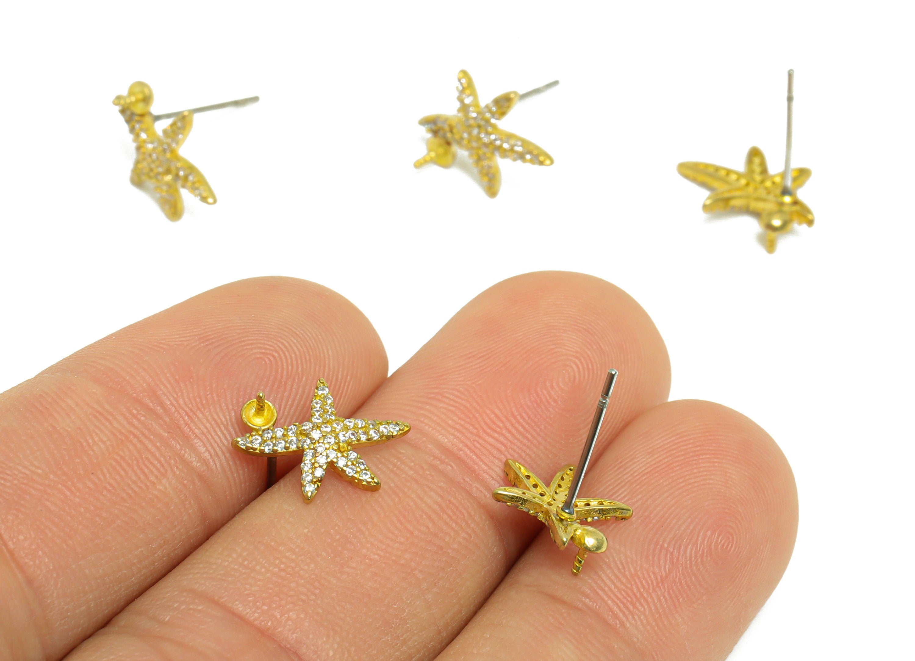 Brass CZ Starfish Earring Stud - Raw Brass Zircon Starfish Earring - Brass Star Earring Post - Pearl Setting For Earring - 13x10x2mm -PP9697 - DOMEDBAZAAR