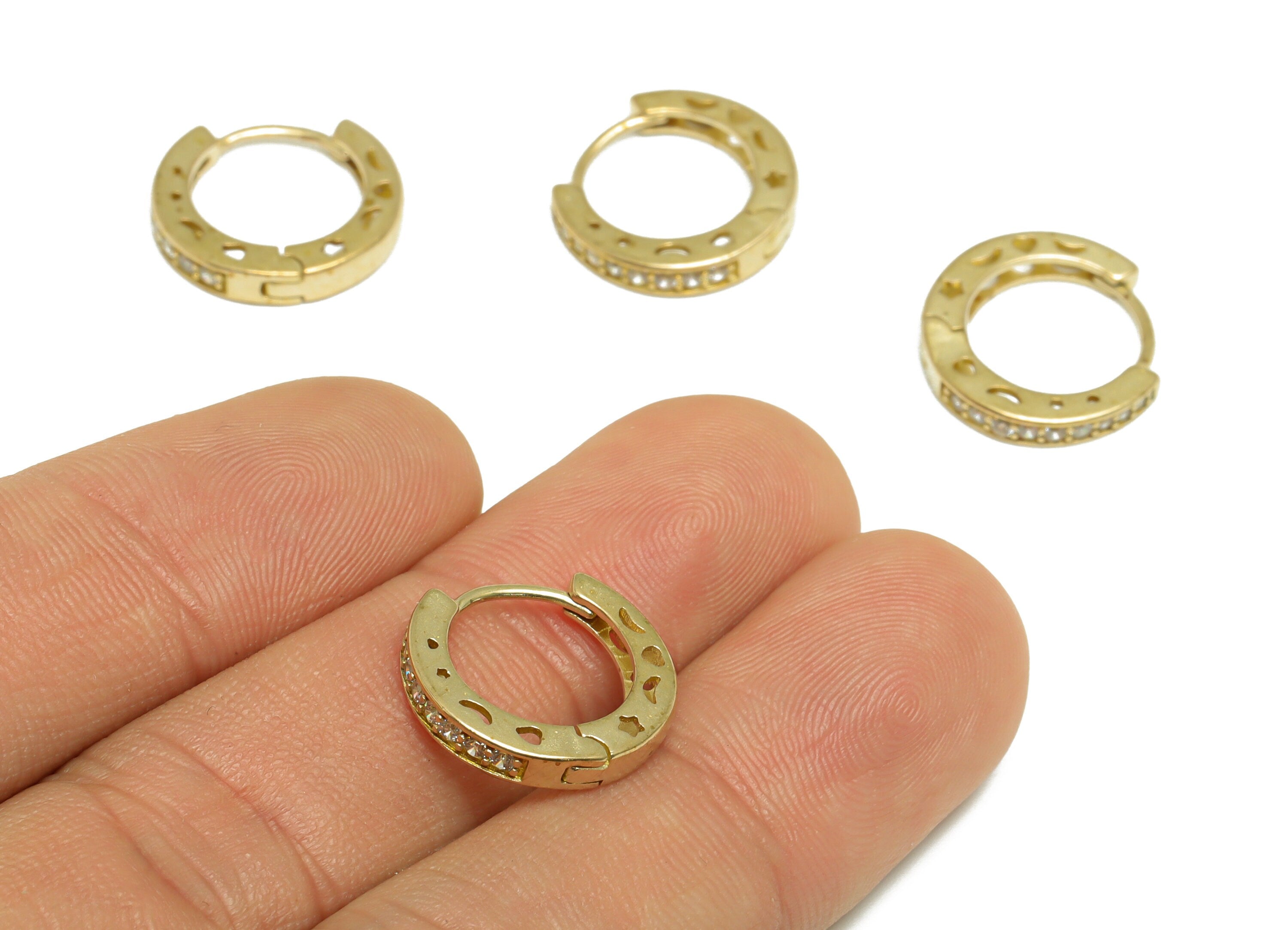 Brass CZ Crescent Huggie Hoop Earring - Raw Brass Cetestial Earring Clasp - Brass Cubic Zircon Hoop Huggie Clasp Earring - 15x14x3mm -PP9666 - DOMEDBAZAAR