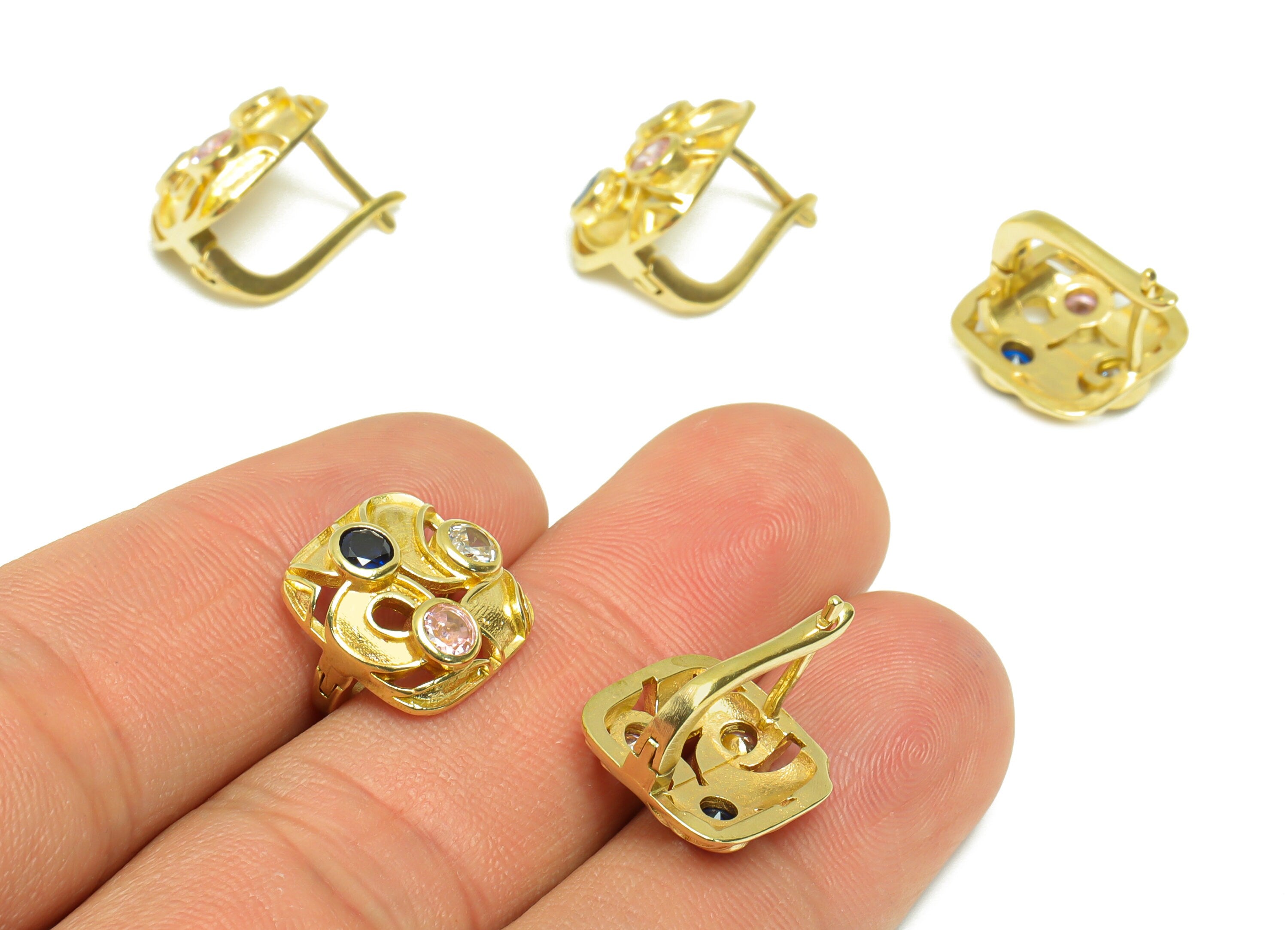 Brass CZ English Lock Earring - Raw Brass Textured Square Hoop Earring - Rainbow Cubic Zircon Hoop Earring - English Lock - 15x13x3mm-PP9511 - DOMEDBAZAAR