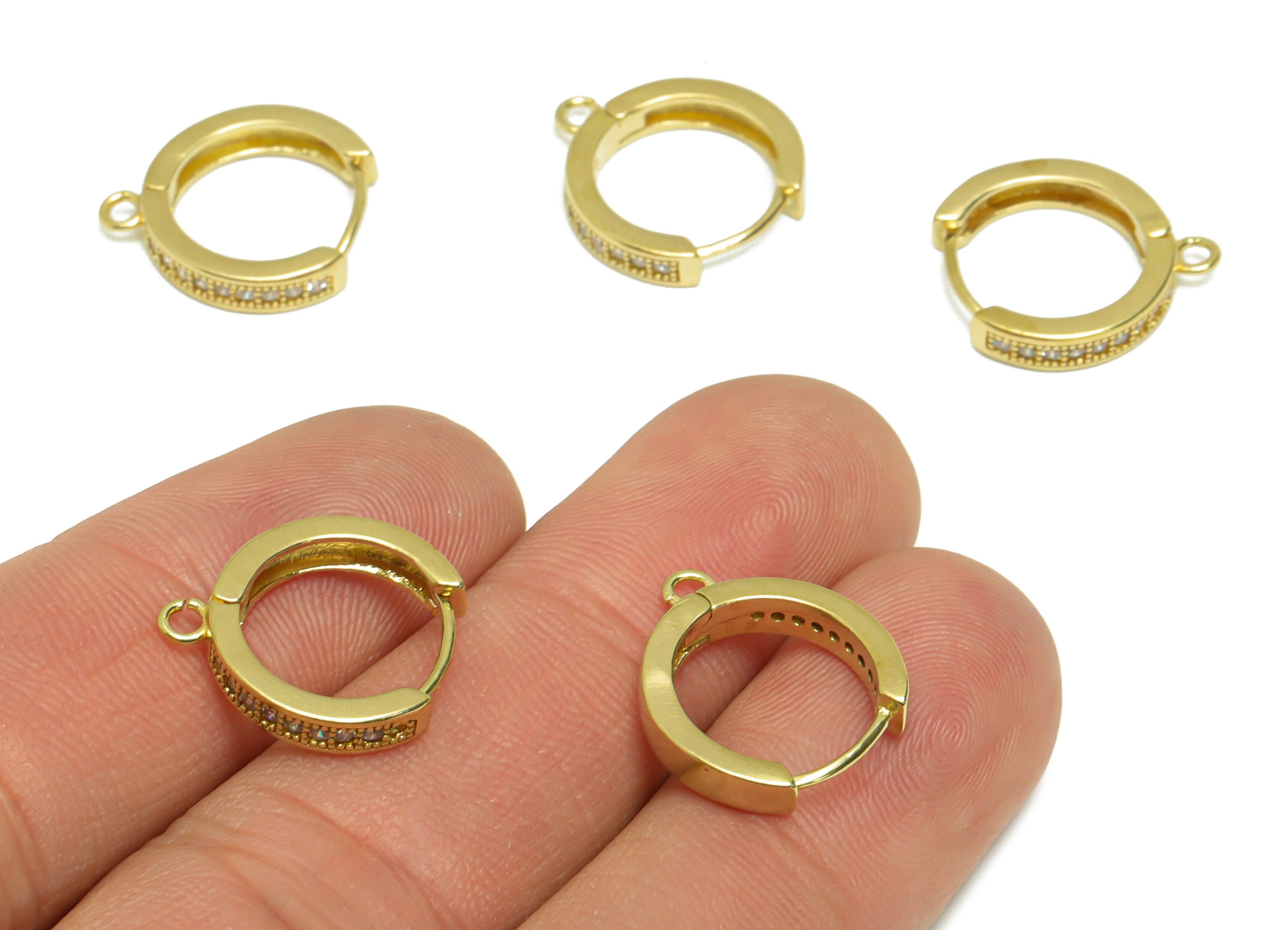 Brass CZ Round Huggie Hoop Earring - Raw Brass Cubic Zircon Hoop Huggie Earring - Brass Clasp Hoop Earring With Loop - 17.34x14x3mm - PP9517 - DOMEDBAZAAR