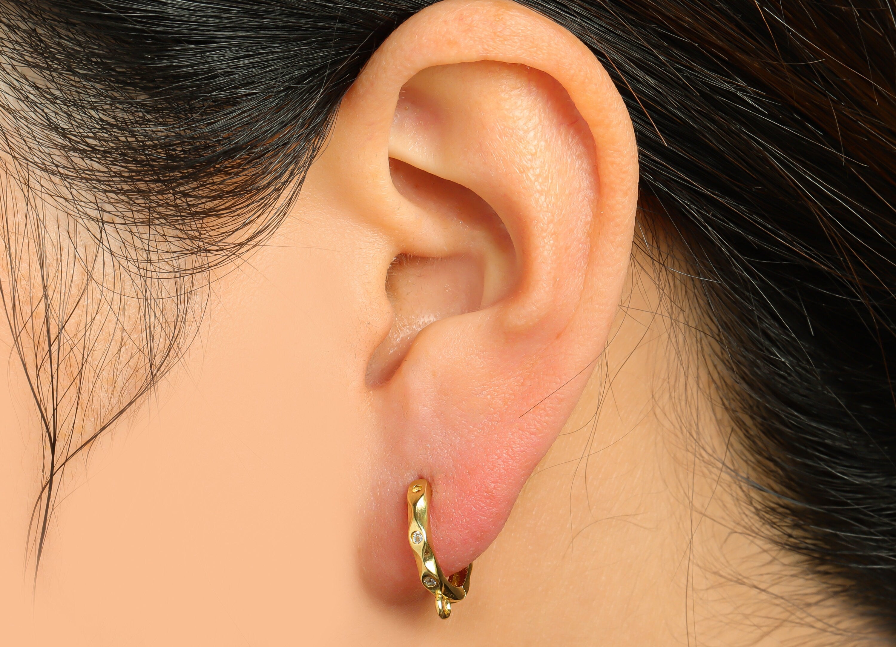 Brass CZ Textured Huggie Hoop Earring - Raw Brass Cubic Zircon Hoop Huggie Earring - Brass Clasp Hoop Earring With Loop - 15x14x2mm - PP9535 - DOMEDBAZAAR