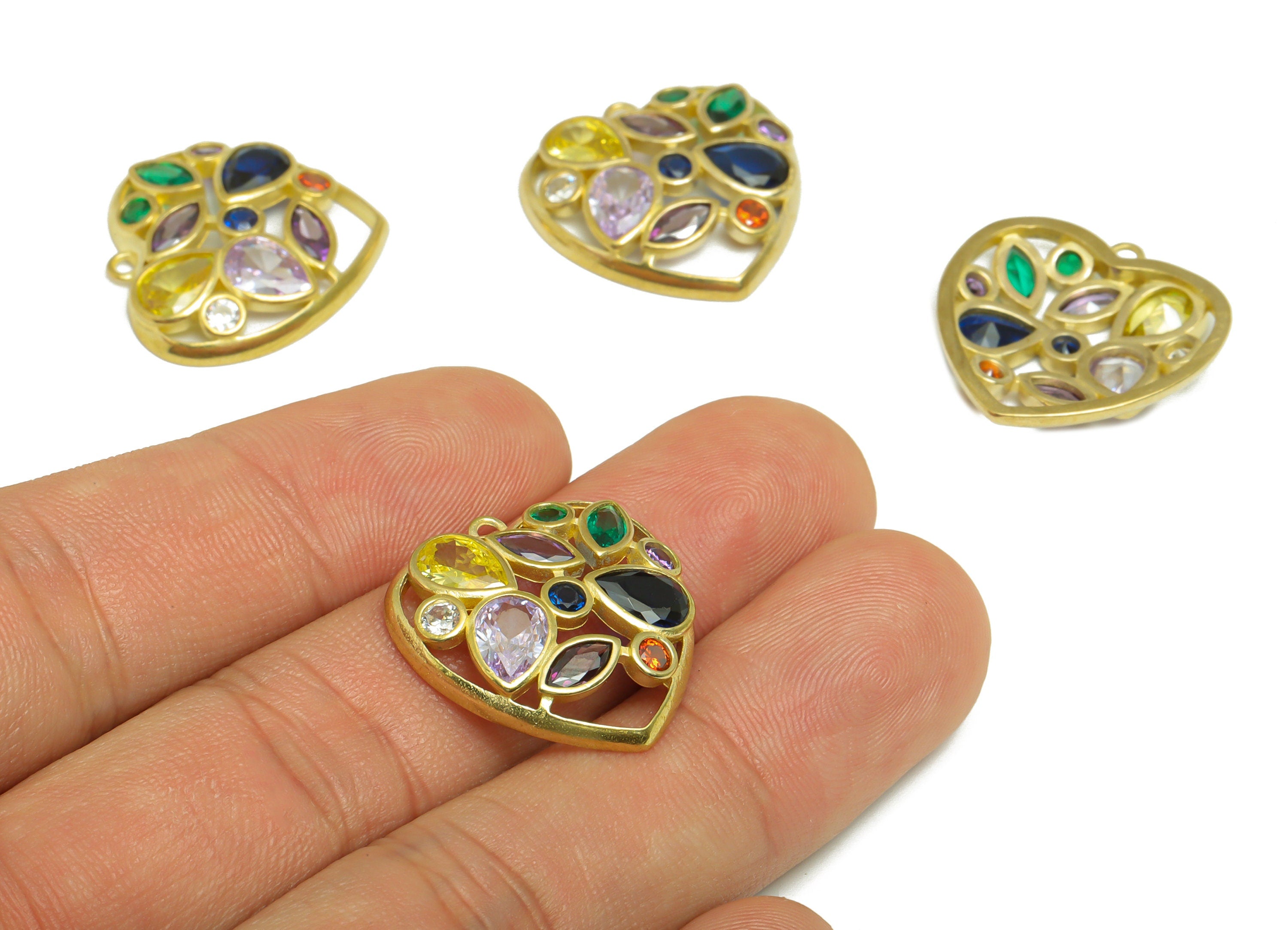 Brass CZ Heart Earring Charm - Brass Drop Cubic Zircon Earring Pendant - Raw Brass Teardrop CZ Rainbow Earring Charm - 22.2x22x3mm - PP9625 - DOMEDBAZAAR