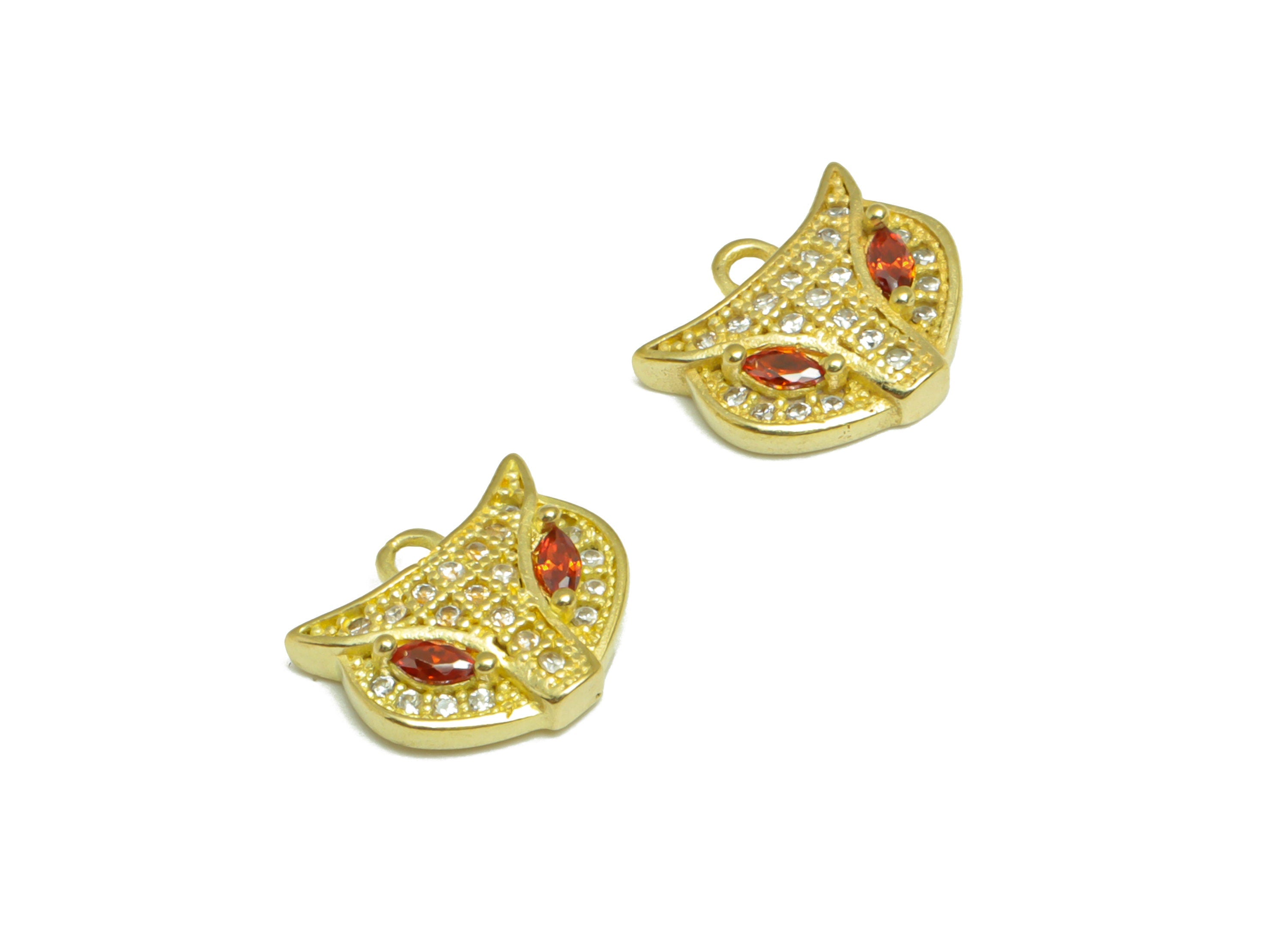 Brass CZ Owl Earring Charm - Brass Owl Cubic Zircon Earring Pendant - Raw Brass Red CZ Owl Earring Charm - 10.82x9.5x3.11mm - PP9632 - DOMEDBAZAAR