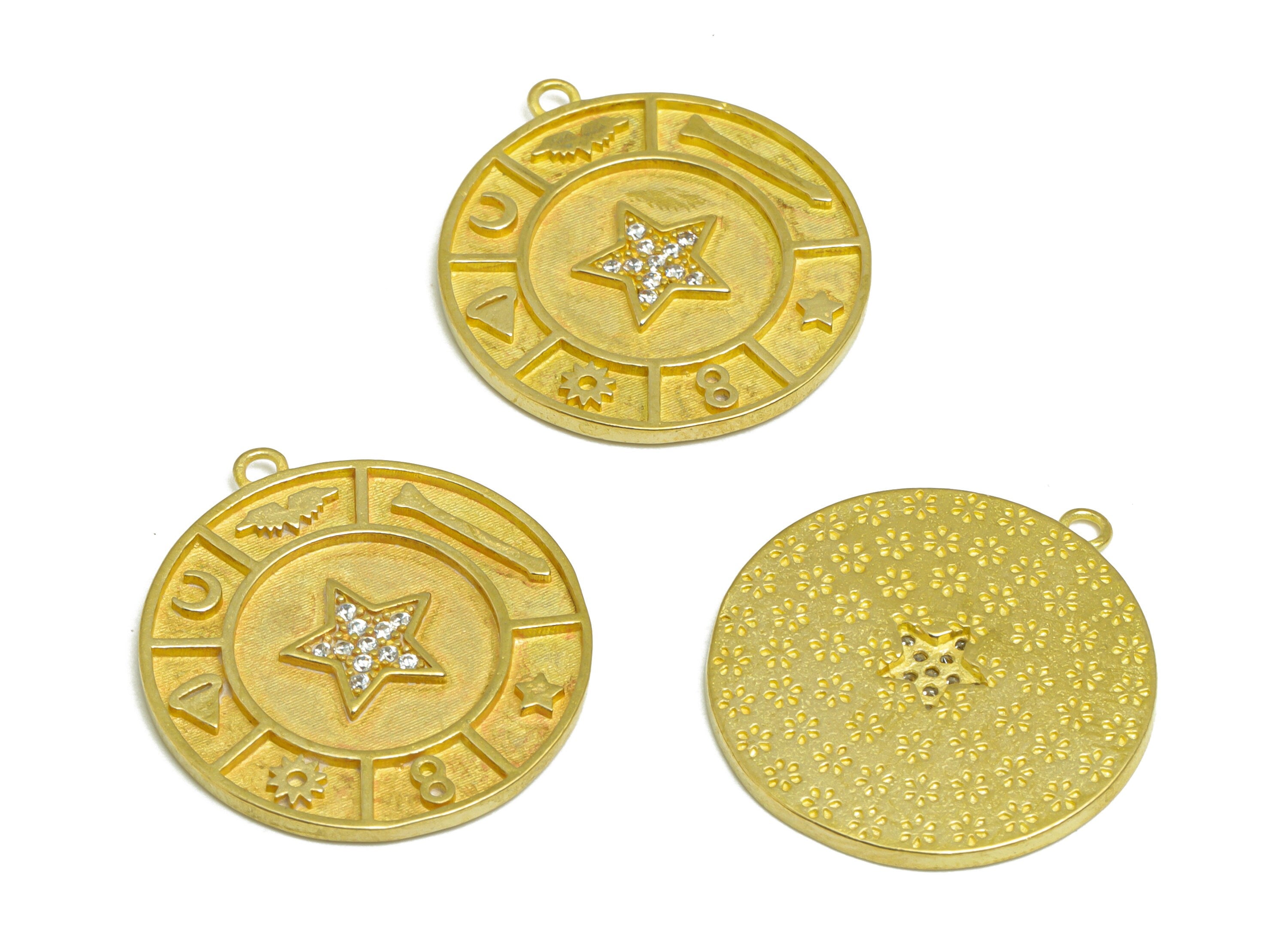 Brass CZ Star Earring Charm - Brass Cubic Zircon Crescent Earring Pendant - Raw Brass Textured CZ Earring Charm - 25.2x23x1.77mm - PP9623 - DOMEDBAZAAR