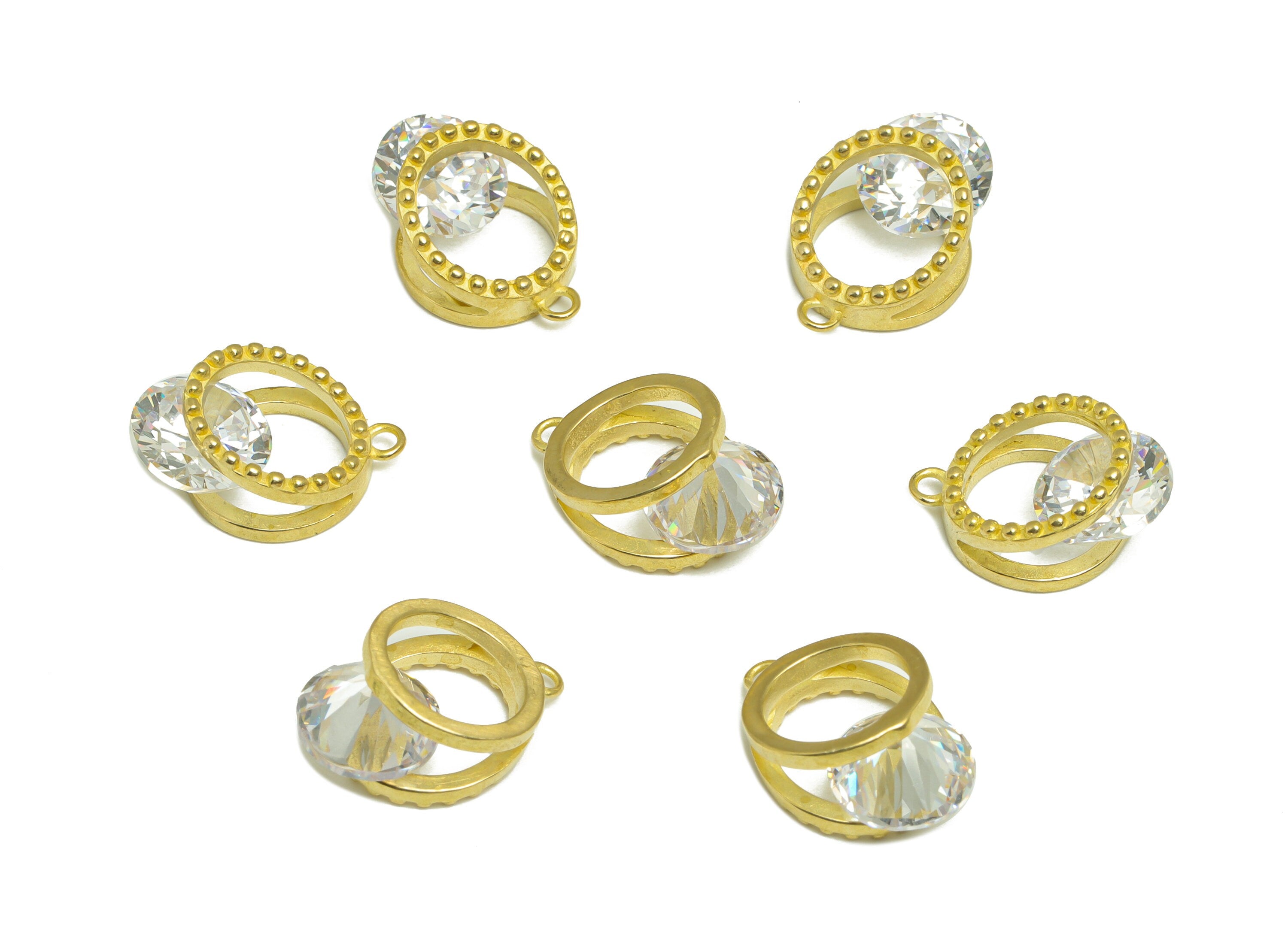 Brass CZ Round Earring Charm - Brass Cubic Zircon Diamond Earring Pendant - Raw Brass Dot Charm - For Necklace - 17.6x11.8x8.04mm - PP9679 - DOMEDBAZAAR