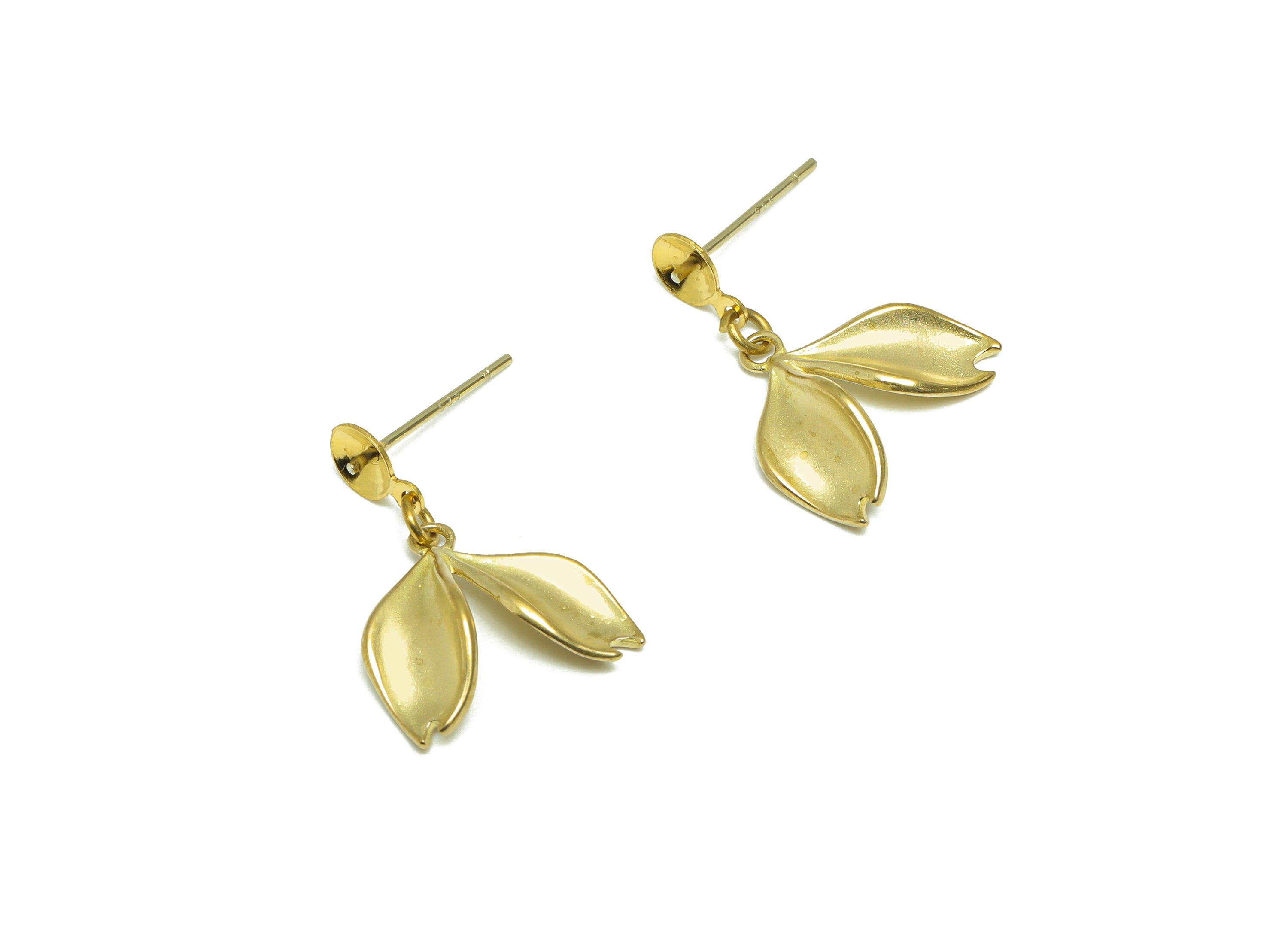 Brass Dangle Earring Stud - Raw Brass Curly Leaf Earring Post - Brass Leaf Pearl Setting For Earring - 22x15.7x4.72mm - PP9633 - DOMEDBAZAAR