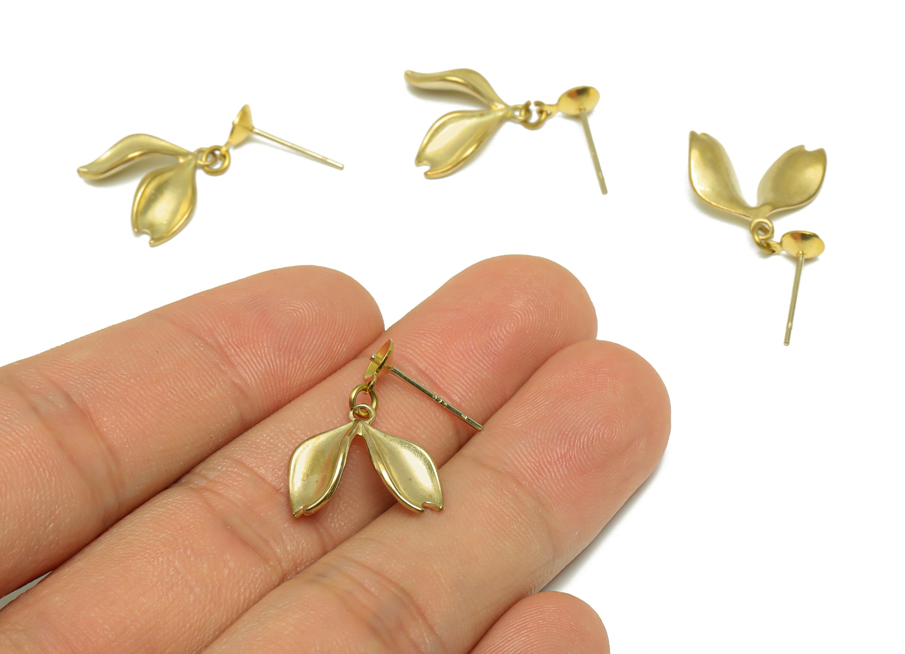 Brass Dangle Earring Stud - Raw Brass Curly Leaf Earring Post - Brass Leaf Pearl Setting For Earring - 22x15.7x4.72mm - PP9633 - DOMEDBAZAAR
