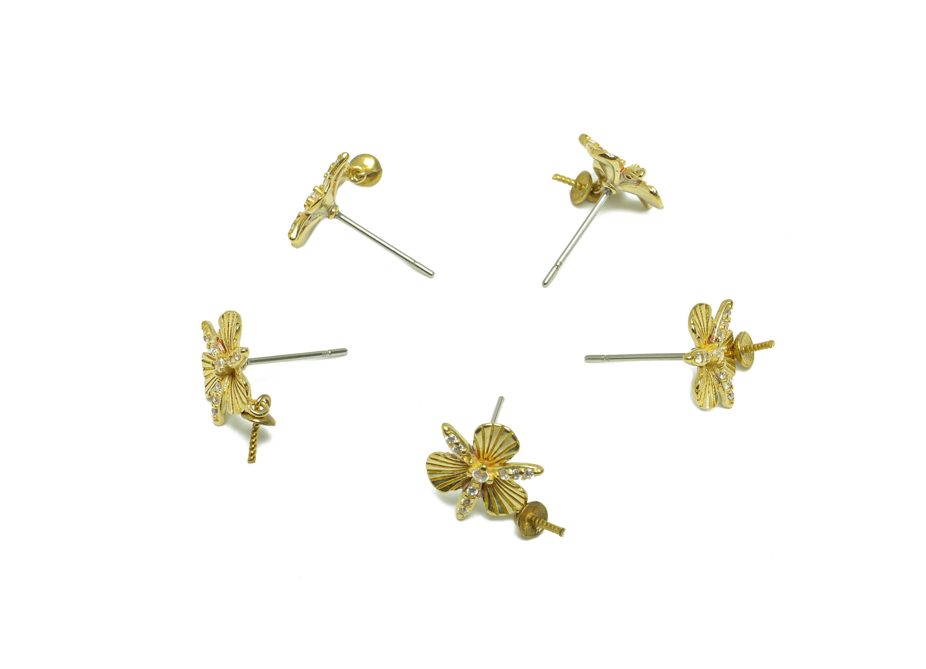 Brass CZ Flower Earring Post - Raw Brass Earring Stud Pearl Setting - Brass Cubic Zircon Bead Setting Earring Stud - 17x11x3mm -PP9698 - DOMEDBAZAAR