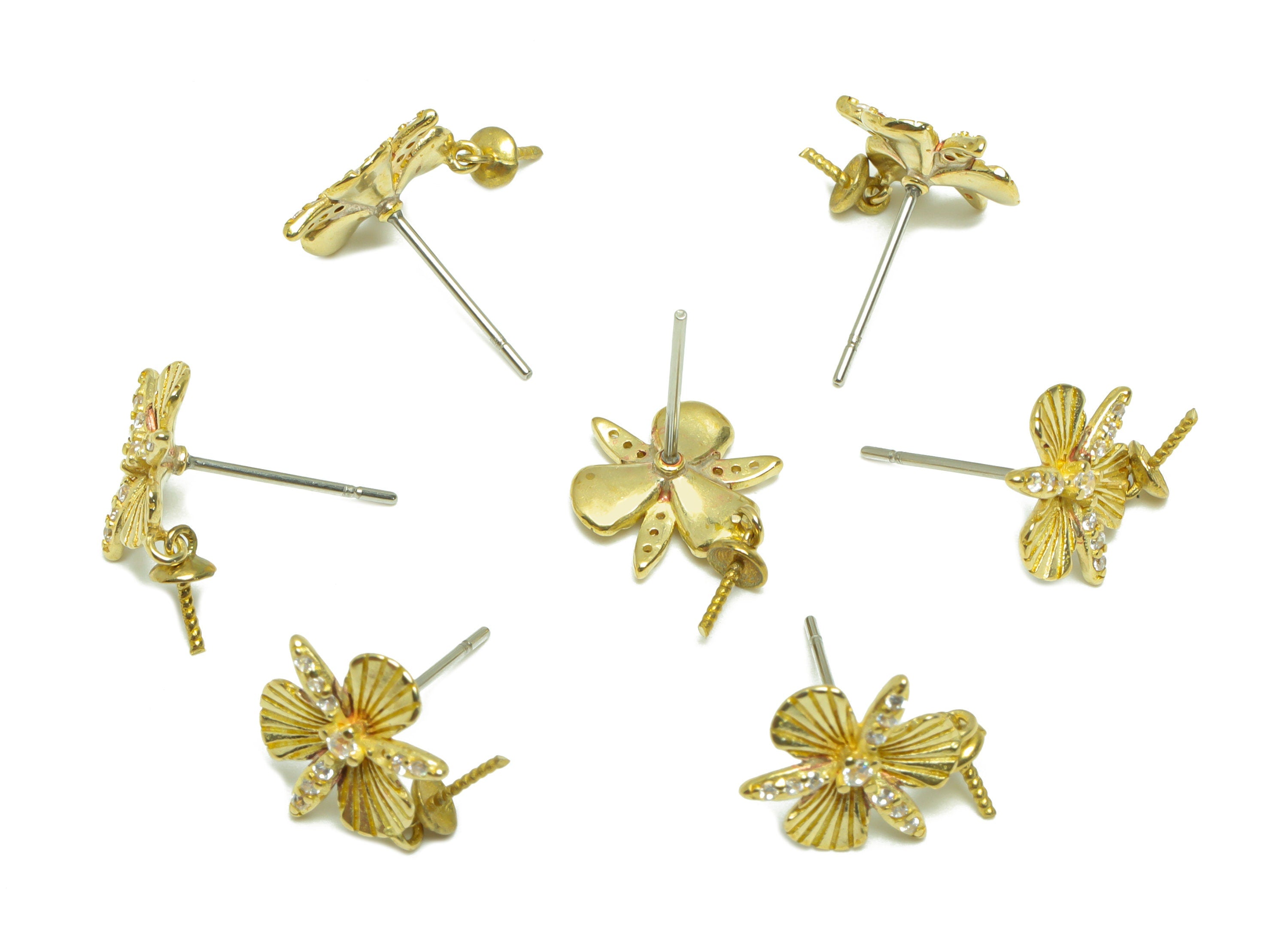 Brass CZ Flower Earring Post - Raw Brass Earring Stud Pearl Setting - Brass Cubic Zircon Bead Setting Earring Stud - 17x11x3mm -PP9698 - DOMEDBAZAAR