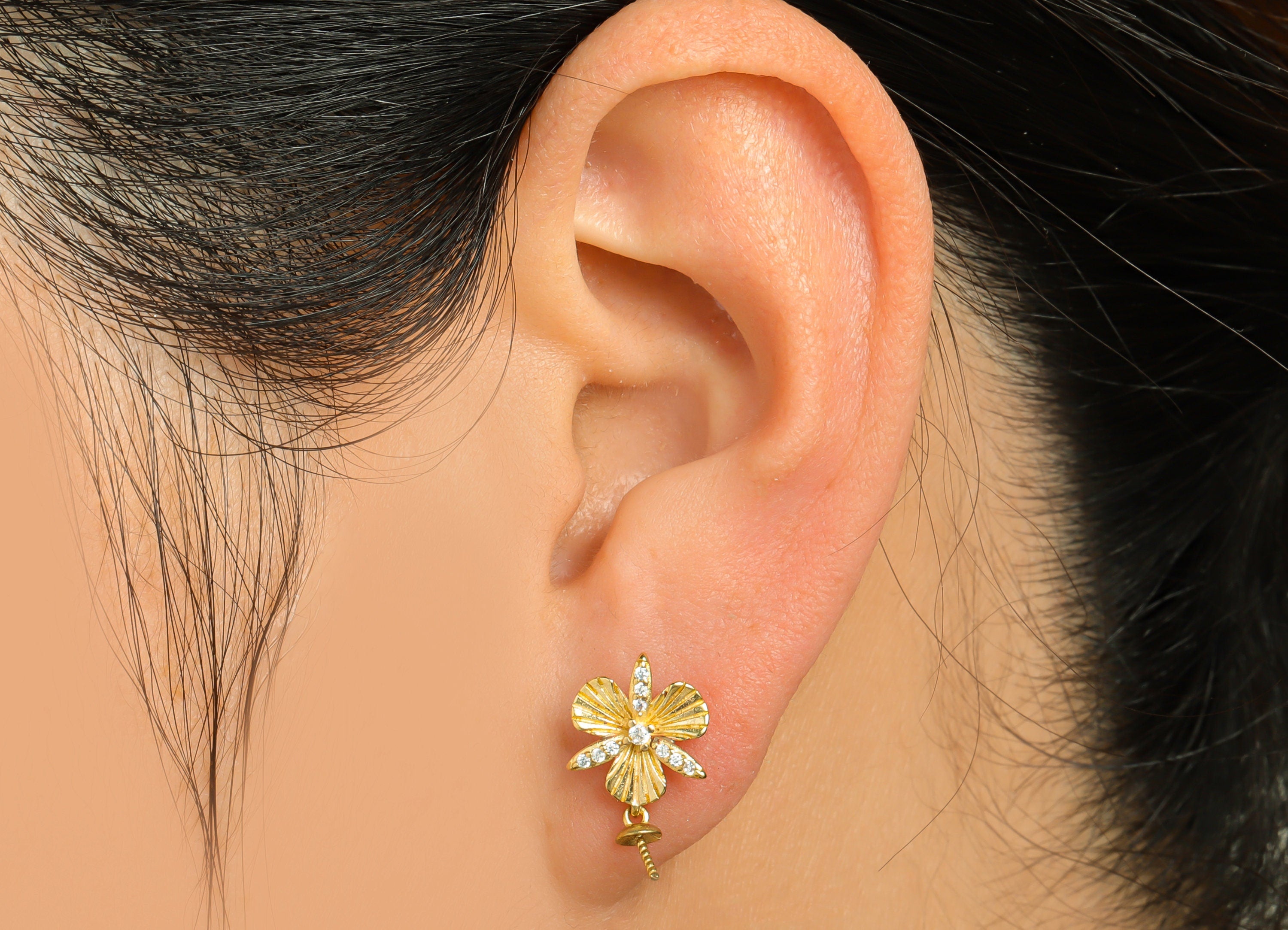 Brass CZ Flower Earring Post - Raw Brass Earring Stud Pearl Setting - Brass Cubic Zircon Bead Setting Earring Stud - 17x11x3mm -PP9698 - DOMEDBAZAAR