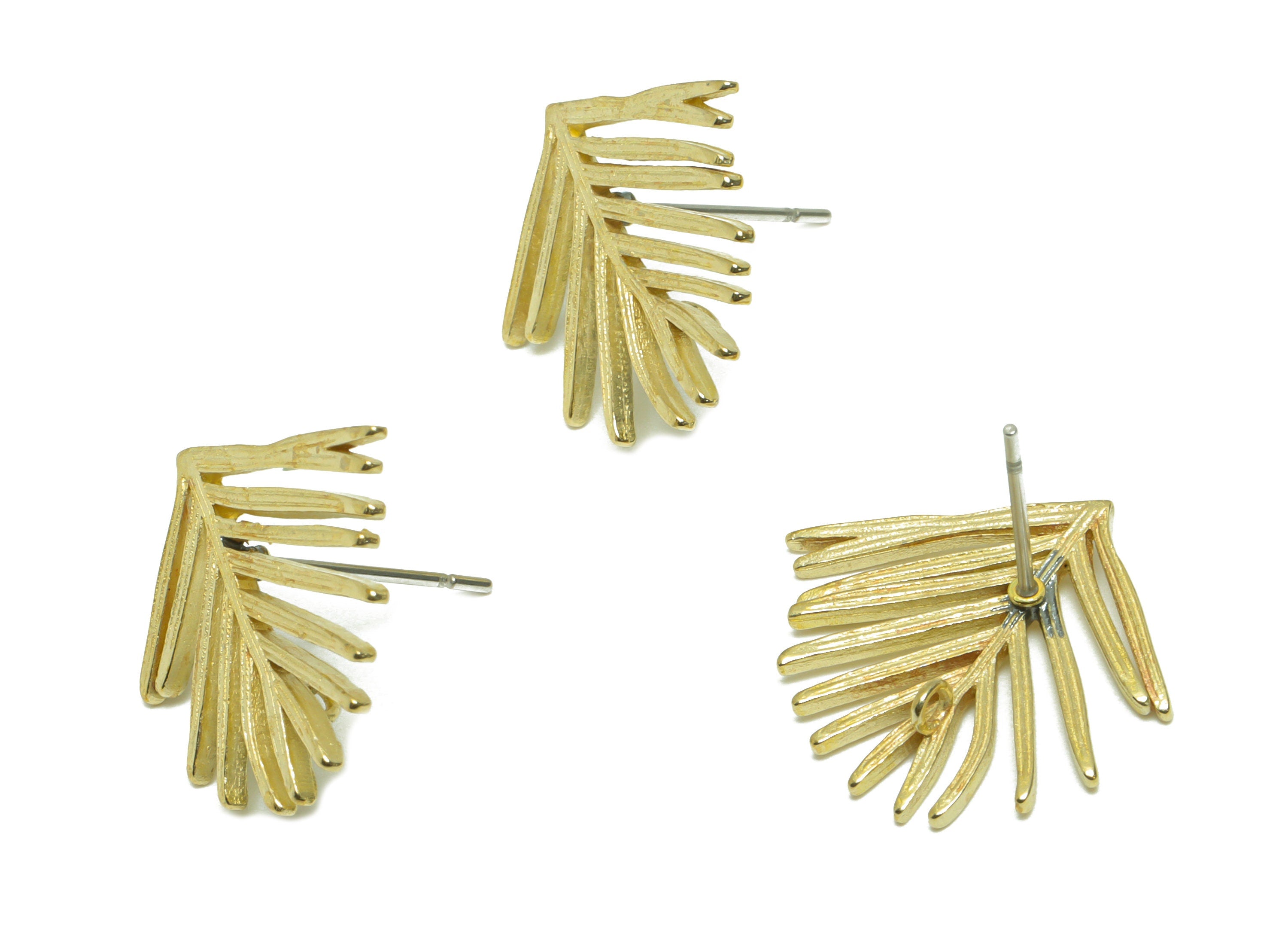 Brass Leaf Earring Post - Raw Brass Coconut Tree Earring Stud With Loop - Brass Botanical Textured Earring Stud - 19.9x17.7x3.3mm -PP9664 - DOMEDBAZAAR