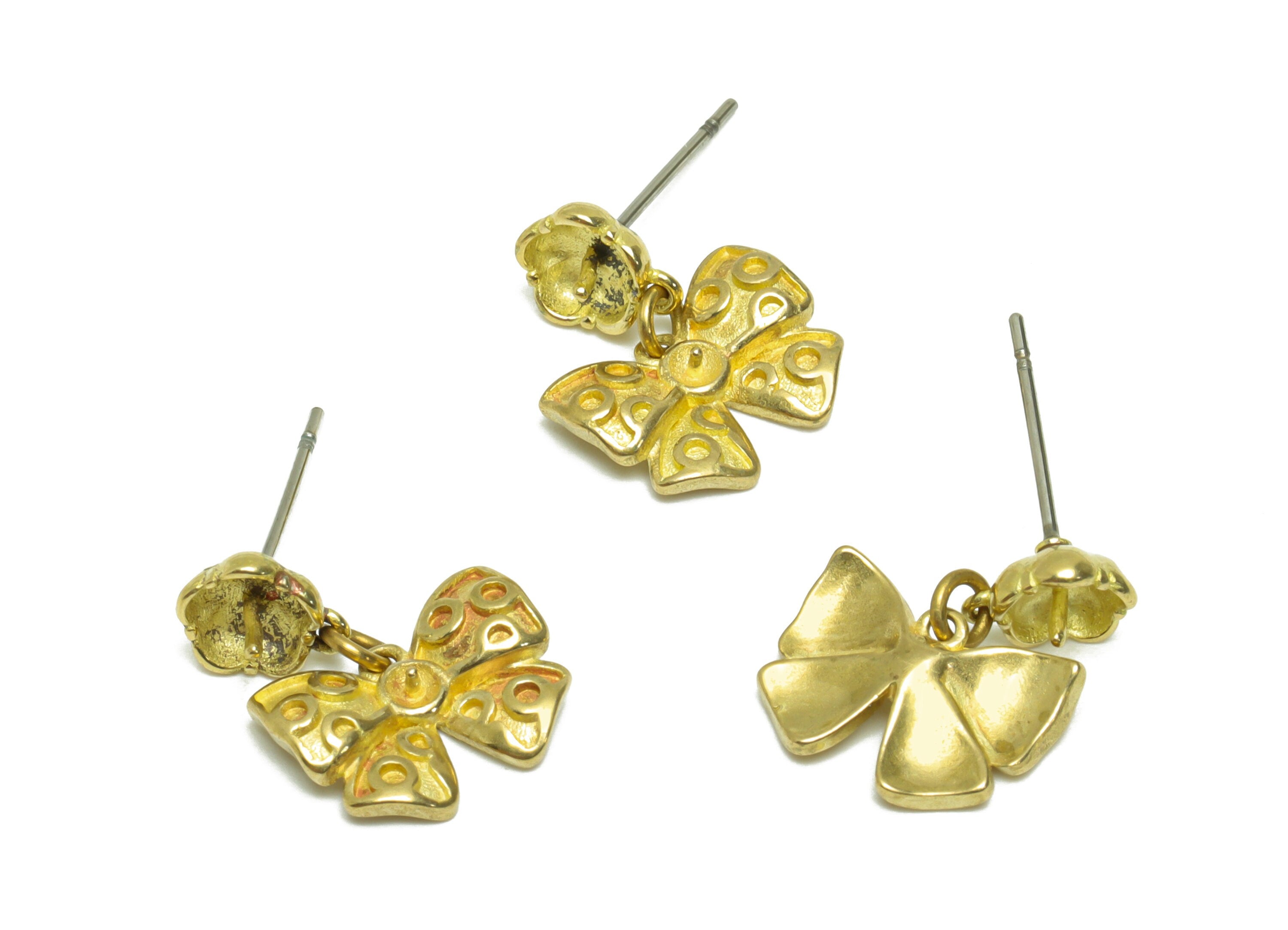 Brass Butterfly Bow Dangle Earring Stud - Raw Brass Flower Earring For Pearl - Brass Setting Bead Earring Post - 16.7x12x4mm - PP9717 - DOMEDBAZAAR