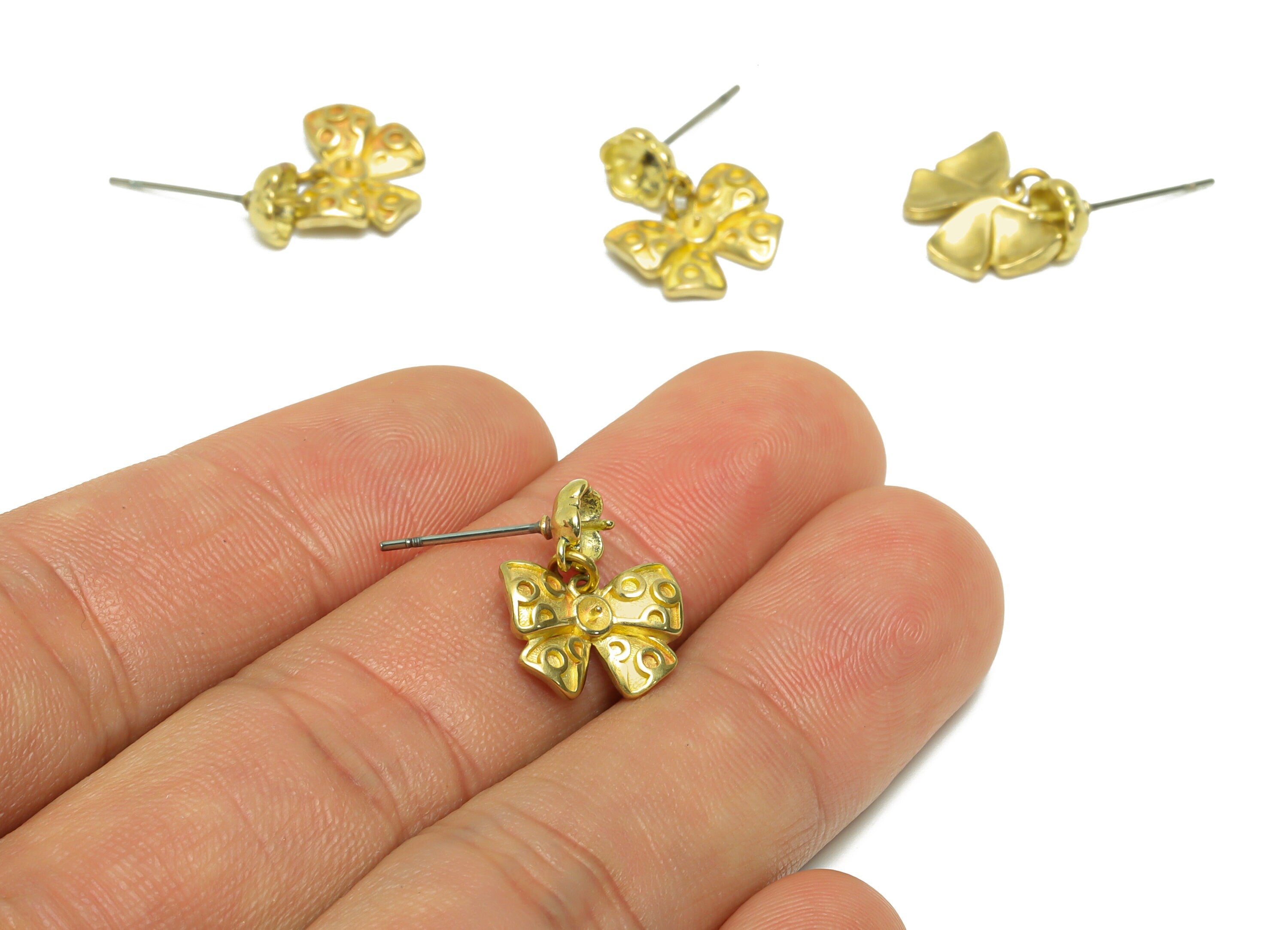 Brass Butterfly Bow Dangle Earring Stud - Raw Brass Flower Earring For Pearl - Brass Setting Bead Earring Post - 16.7x12x4mm - PP9717 - DOMEDBAZAAR