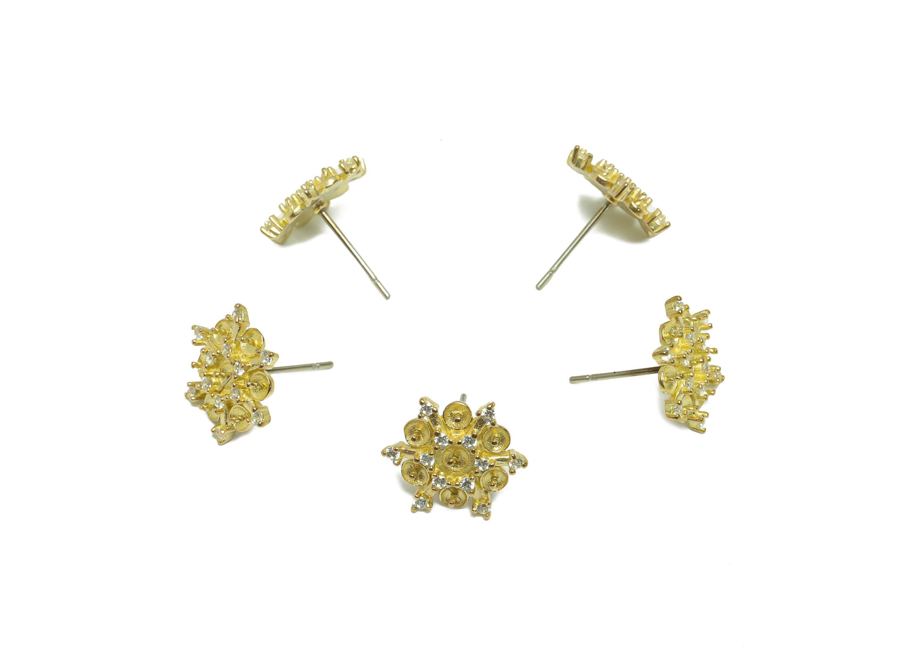 Brass CZ Flower Earring Stud - Raw Brass Cubic Zircon Flower Earring For Pearl - Pearl Setting For Earring Post - 14.05x14x3.09mm - PP9706 - DOMEDBAZAAR