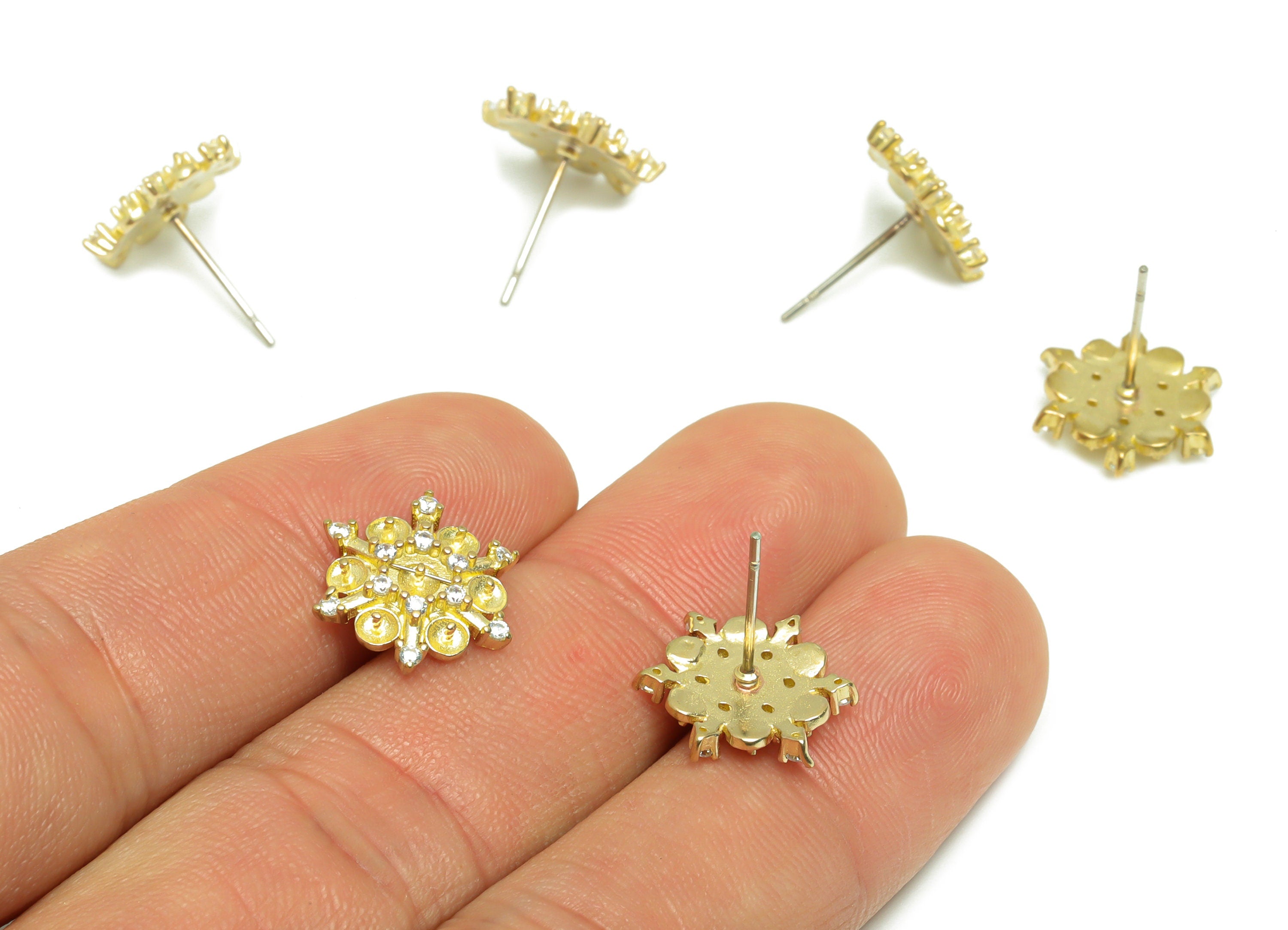 Brass CZ Flower Earring Stud - Raw Brass Cubic Zircon Flower Earring For Pearl - Pearl Setting For Earring Post - 14.05x14x3.09mm - PP9706 - DOMEDBAZAAR