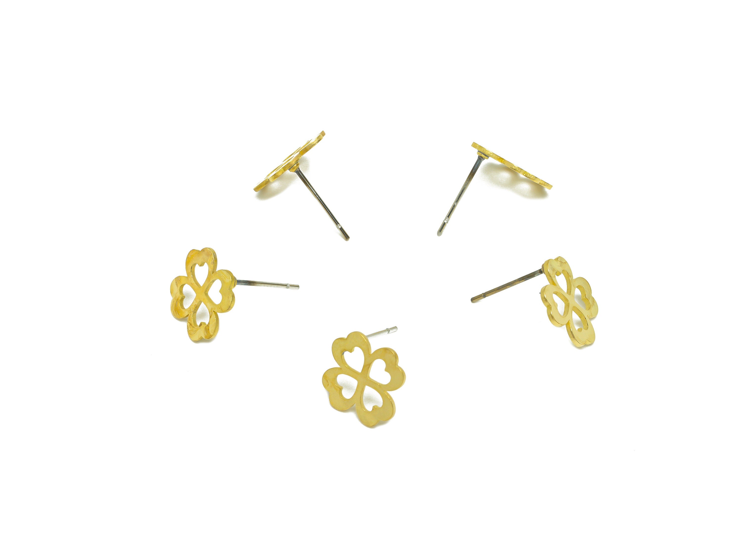 Brass Flower Earring Stud - Raw Brass Four Leaf Clover Earring Post - Brass Heart Leaf Clover Earring Post - 13.1x11x0.7mm - PP9794 - DOMEDBAZAAR