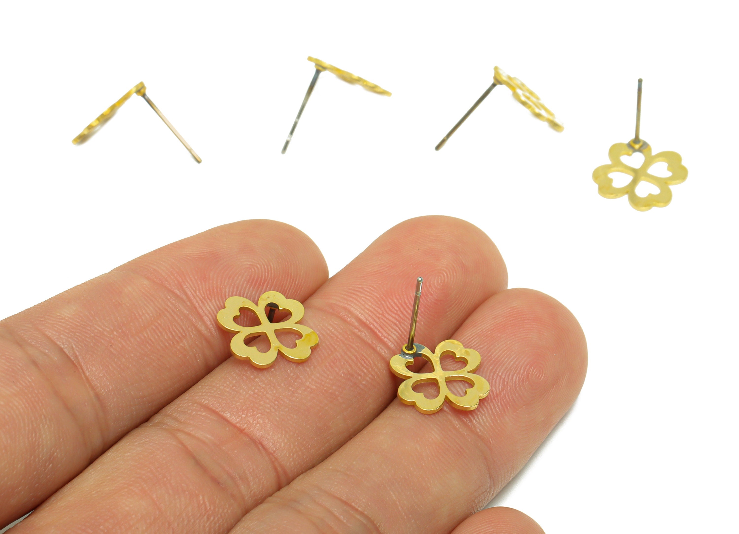 Brass Flower Earring Stud - Raw Brass Four Leaf Clover Earring Post - Brass Heart Leaf Clover Earring Post - 13.1x11x0.7mm - PP9794 - DOMEDBAZAAR