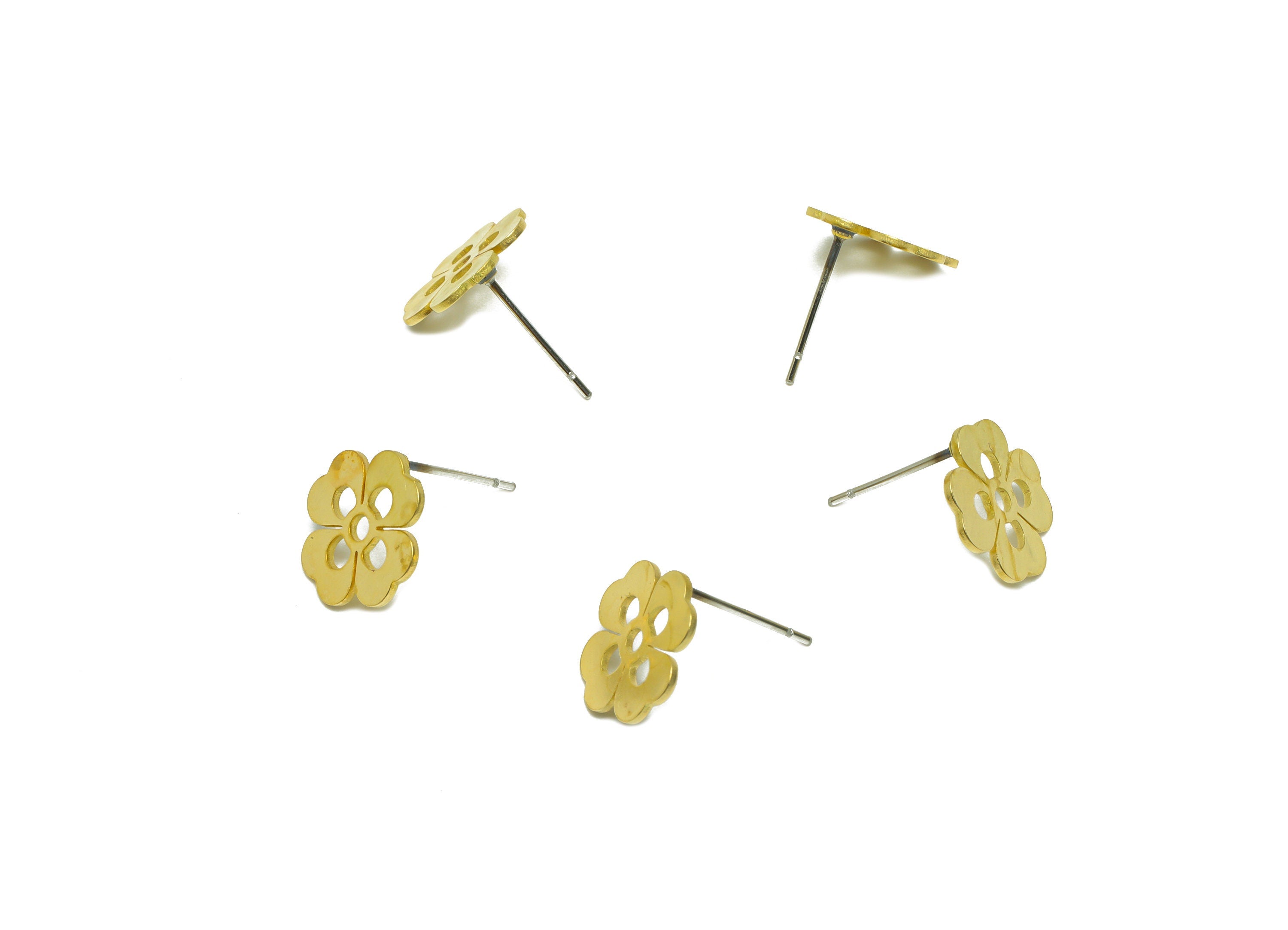 Brass Flower Earring Stud - Raw Brass Four Leaf Clover Earring Post - Brass Botanical Leaf Clover Earring Post - 13.1x11x0.7mm - PP9792 - DOMEDBAZAAR